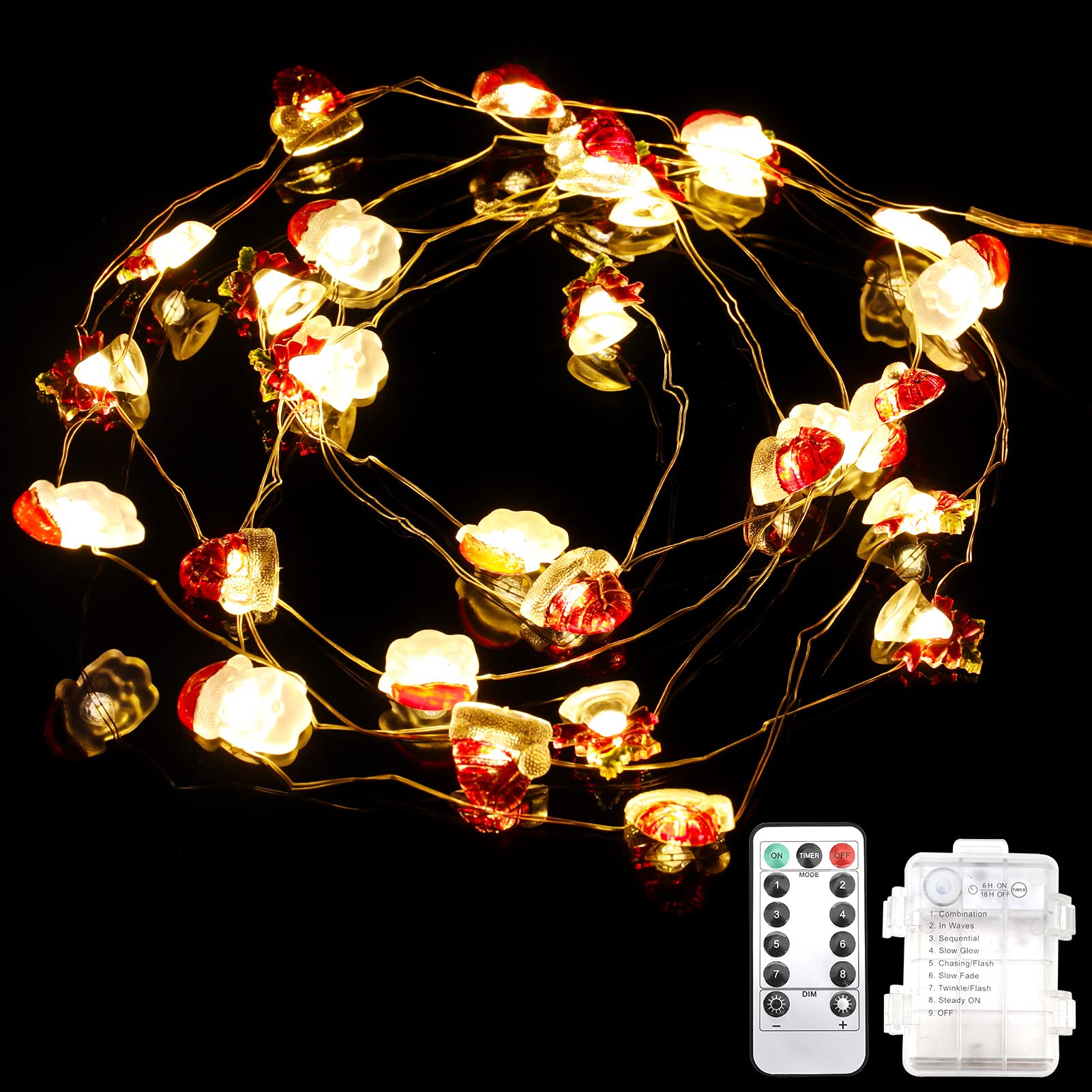 10ft LED Santa Hat String Lights - Battery Powered with Remote for Xmas Tree & Party Decor