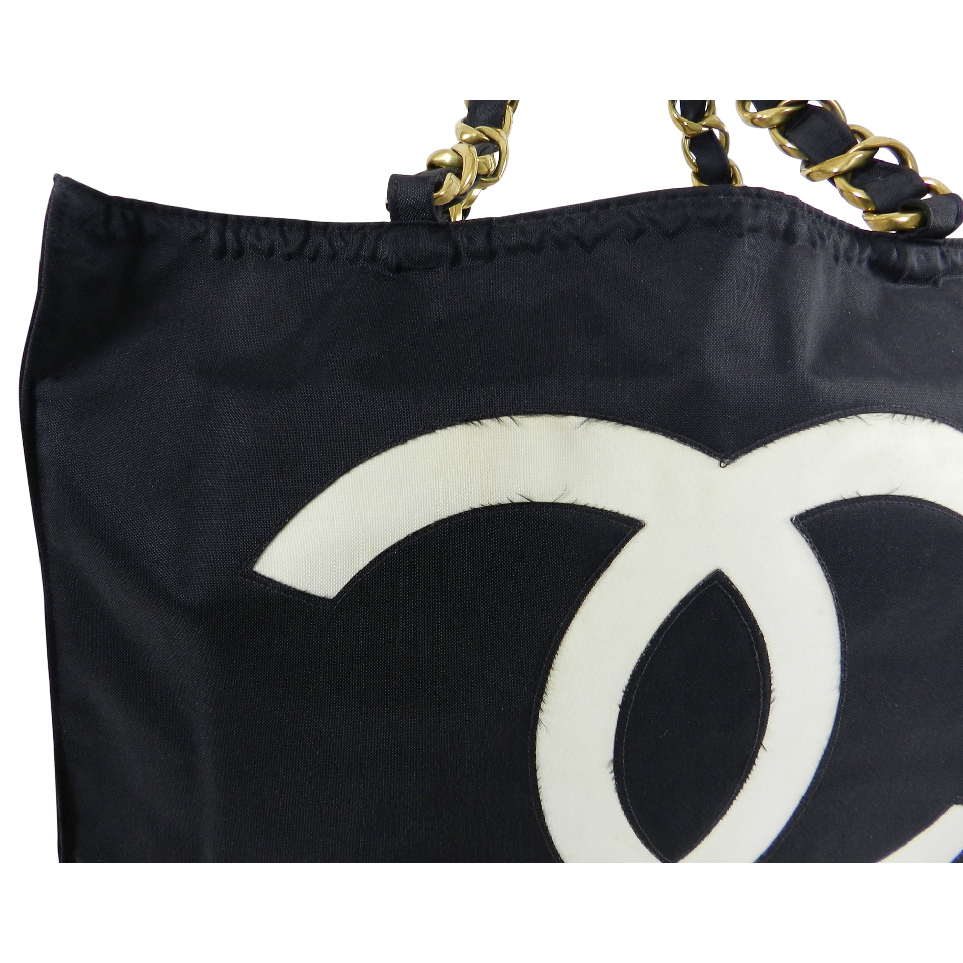 Vintage Chanel 1991 Black Nylon CC Logo Tote Bag with Gold Chain Straps - Luxury Designer Handbag for Women, Perfect for Evening Parties & Fashion Events