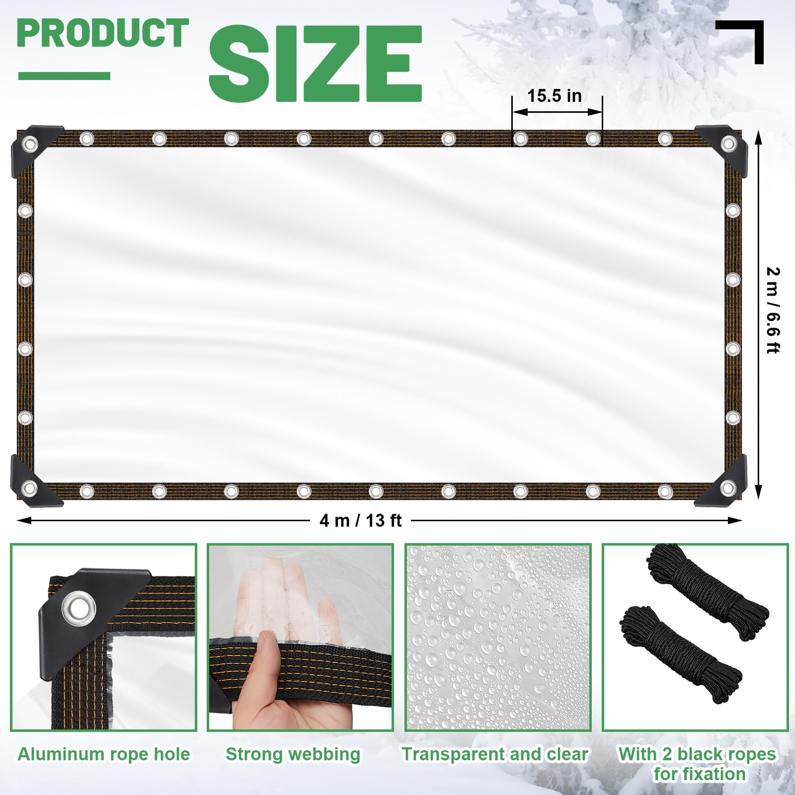 2 Pack Heavy Duty Clear Waterproof PE Vinyl Tarps 6.6x13 ft with Reinforced Grommets & Elastic Ropes - Durable Outdoor Cover for Greenhouse, Chicken Coop, Garden, Patio Furniture, Camping & Emergency Shelter