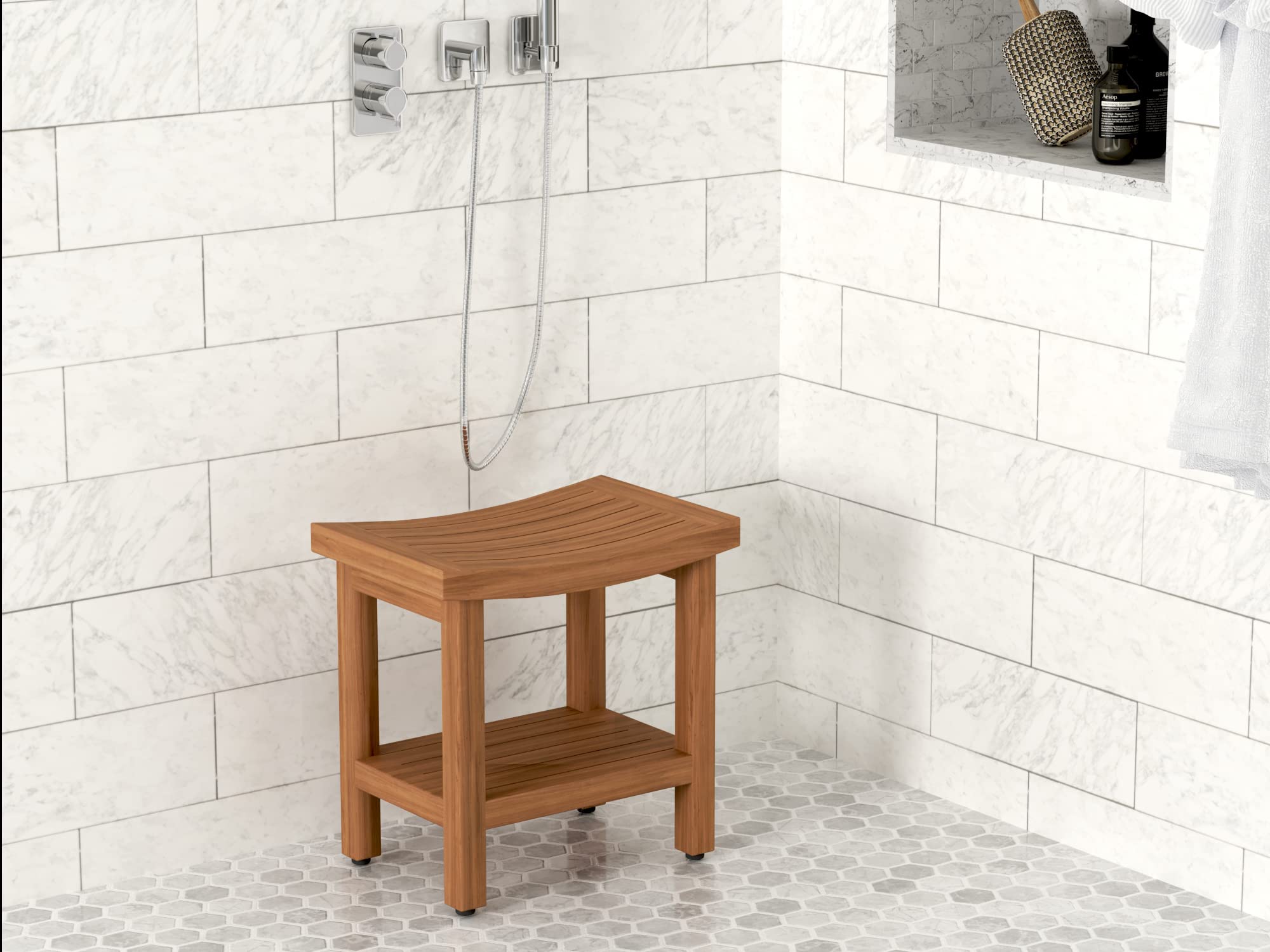 AquaTeak Patented 18-Inch Teak Shower Bench with Shelf | Waterproof Bath Seat for Spa, Sauna & Bathroom | Non-Slip Shower Stool for Elderly & Disabled
