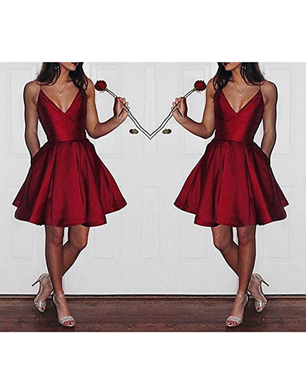 Elegant V-Neck Spaghetti Strap A-Line Homecoming Dress with Pockets - Short Prom Dress for Party, Dance & Special Occasions