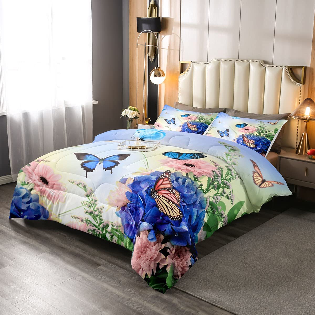 Erosebridal Butterfly Comforter Set for Kids & Girls - Blue Red Floral Bedding Set, Queen Size Duvet Cover with Romantic Garden Theme | Soft Plant Nature Flower Quilt Set for Girls' Bedroom, Guest Room & Nursery Decor