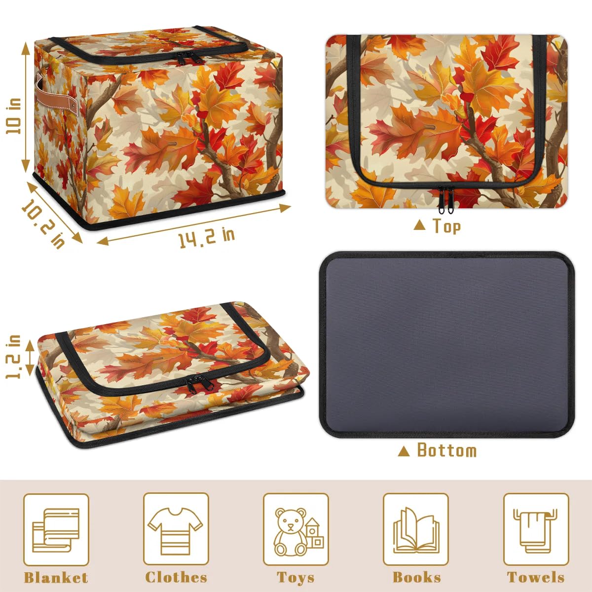 Collapsible Storage Bins with Lids - Foldable Fabric Storage Cubes for Clothes, Toys, Blankets | Dustproof Stackable Organizer for Closet, Nursery & Home Organization | Fall Leaves Maple Design for Seasonal Decor