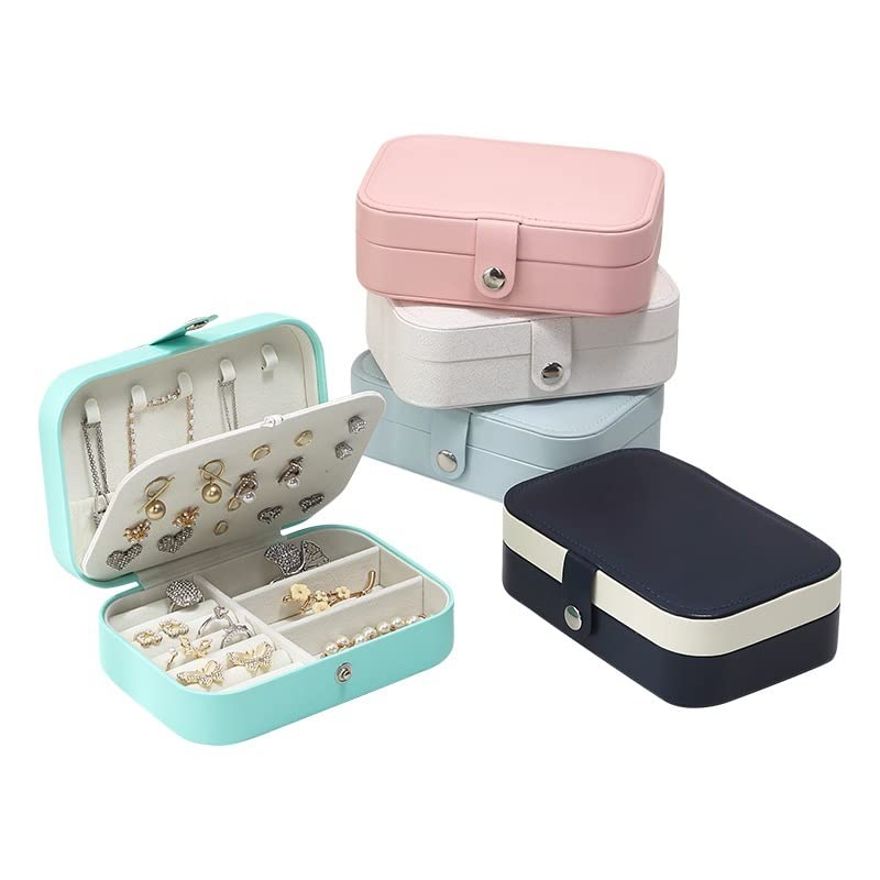 Portable Jewelry Organizer Travel Case - 2 Layer PU Leather Small Jewelry Storage Box for Necklaces, Rings & Earrings - Light Blue Compact Jewelry Holder for Women, Perfect for Travel, Home & Office Use (JBJV05T)