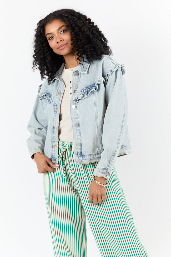 Told You So Light Wash Ruffle Trim Denim Jacket for Women | Vintage Distressed Denim Jacket with Feminine Ruffles | Perfect for Spring Outfits, Casual Wear & Street Style Fashion
