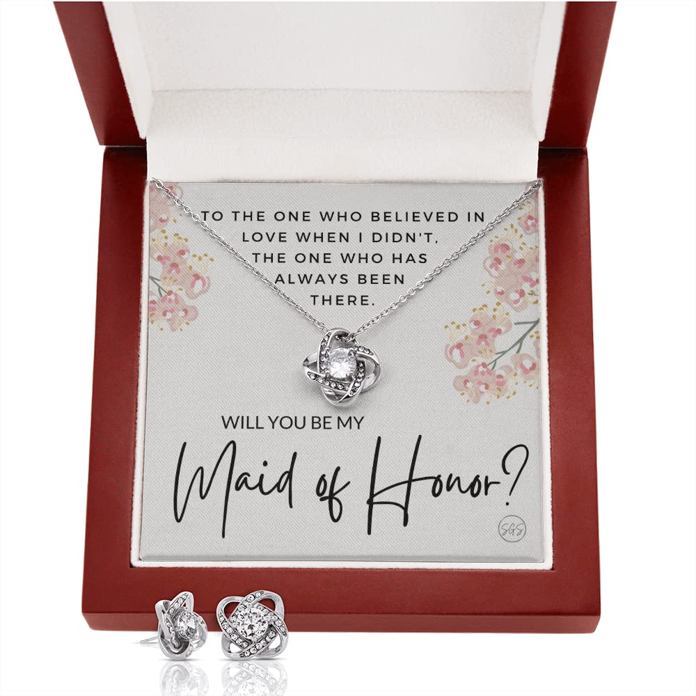 Elegant Maid of Honor Proposal Jewelry Set - Sterling Silver Earrings & Necklace Gift for Bridesmaid | 'Will You Be My MOH?' Bridal Proposal Present | Perfect for Wedding Party, Bachelorette & Bridal Shower