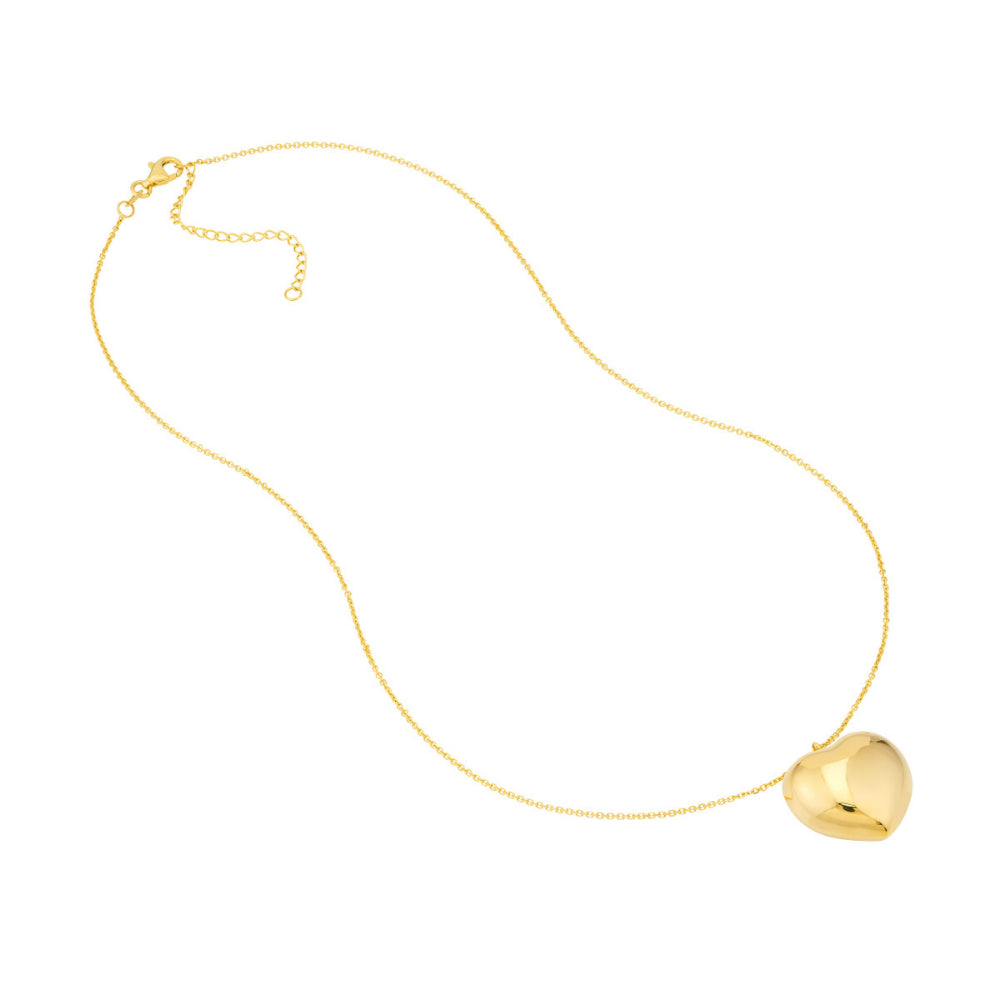 14K Yellow Gold Large Puffed Heart Pendant Necklace with 18
