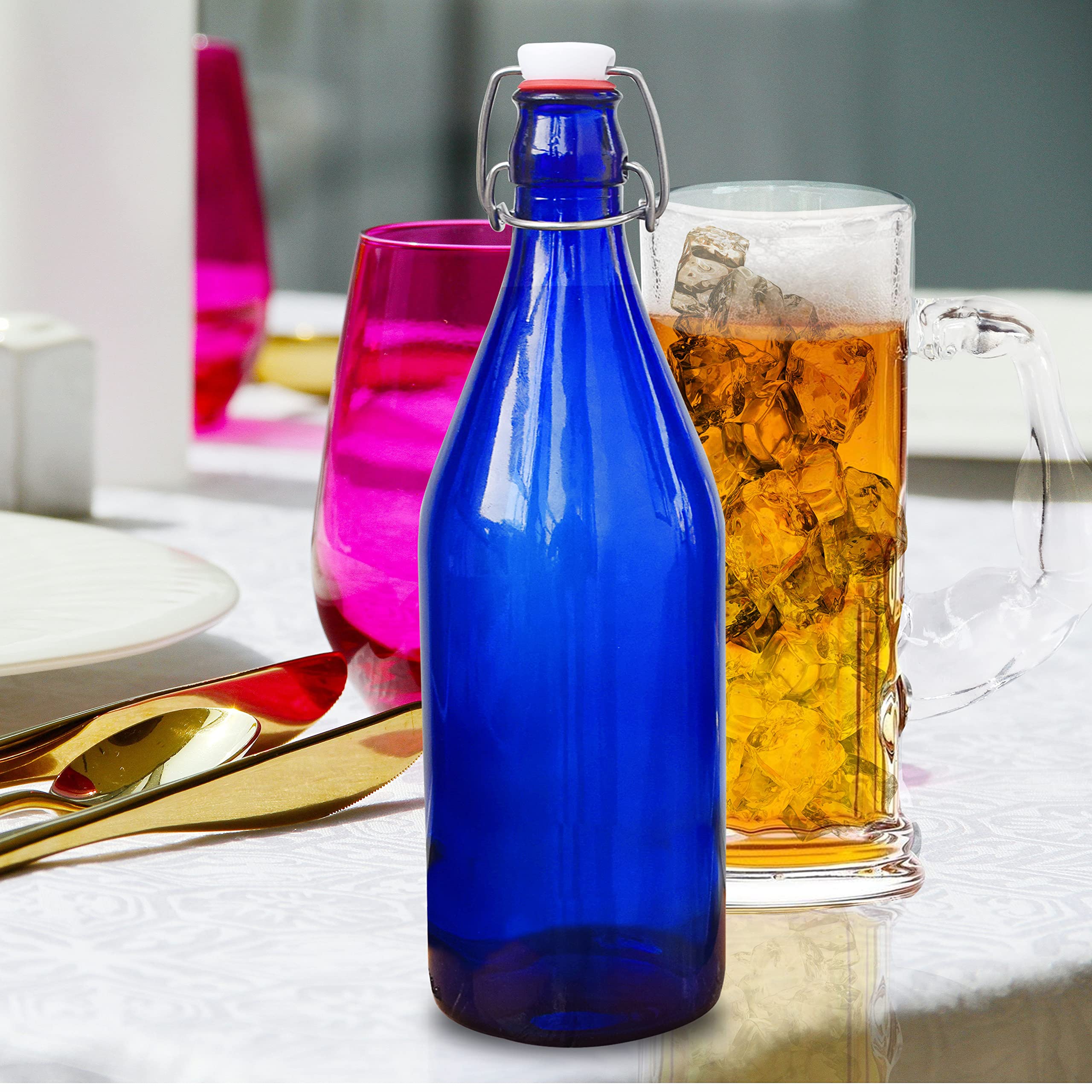 Pure Source India Glass Water Bottle - 1000ml (34oz) Airtight Leakproof BPA-Free Reusable Drinking Bottle - Blue - Perfect for Gym, Hiking, Office & Travel Hydration