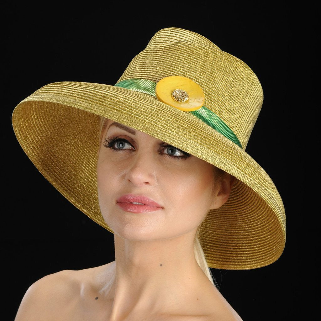 Elegant Gold Metallic Wide Brim Dress Hat for Women - Fashionable Sun Hat for Outdoor Events, Beach Vacations & Summer Weddings