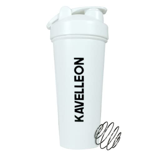 Kavelleon 20.28oz Shaker Bottle for Protein Powder - Leak Proof Mixing Cup with Temperature Resistant Design - Perfect for Gym, Workout & Post Exercise Recovery (White)