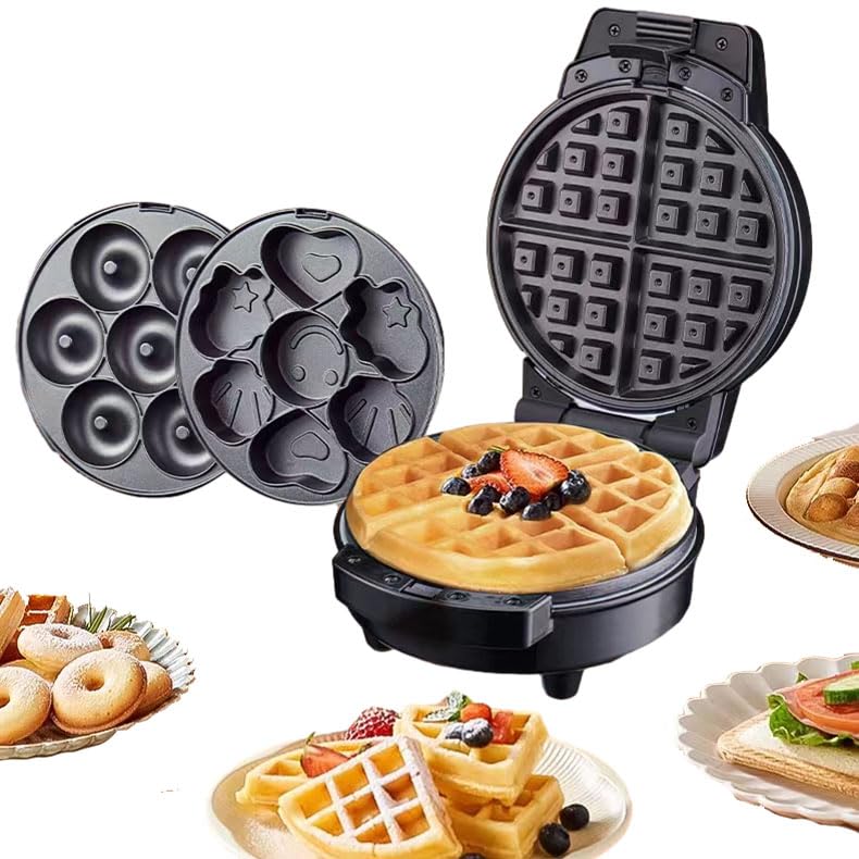 3-in-1 Electric Donut Maker & Waffle Sandwich Machine with Interchangeable Non-Stick Plates - Perfect for Breakfast, Snacks, and Desserts | Cartoon Design for Kids & Family Fun | Compact & Detachable Toaster for Home, Office, or Party Use