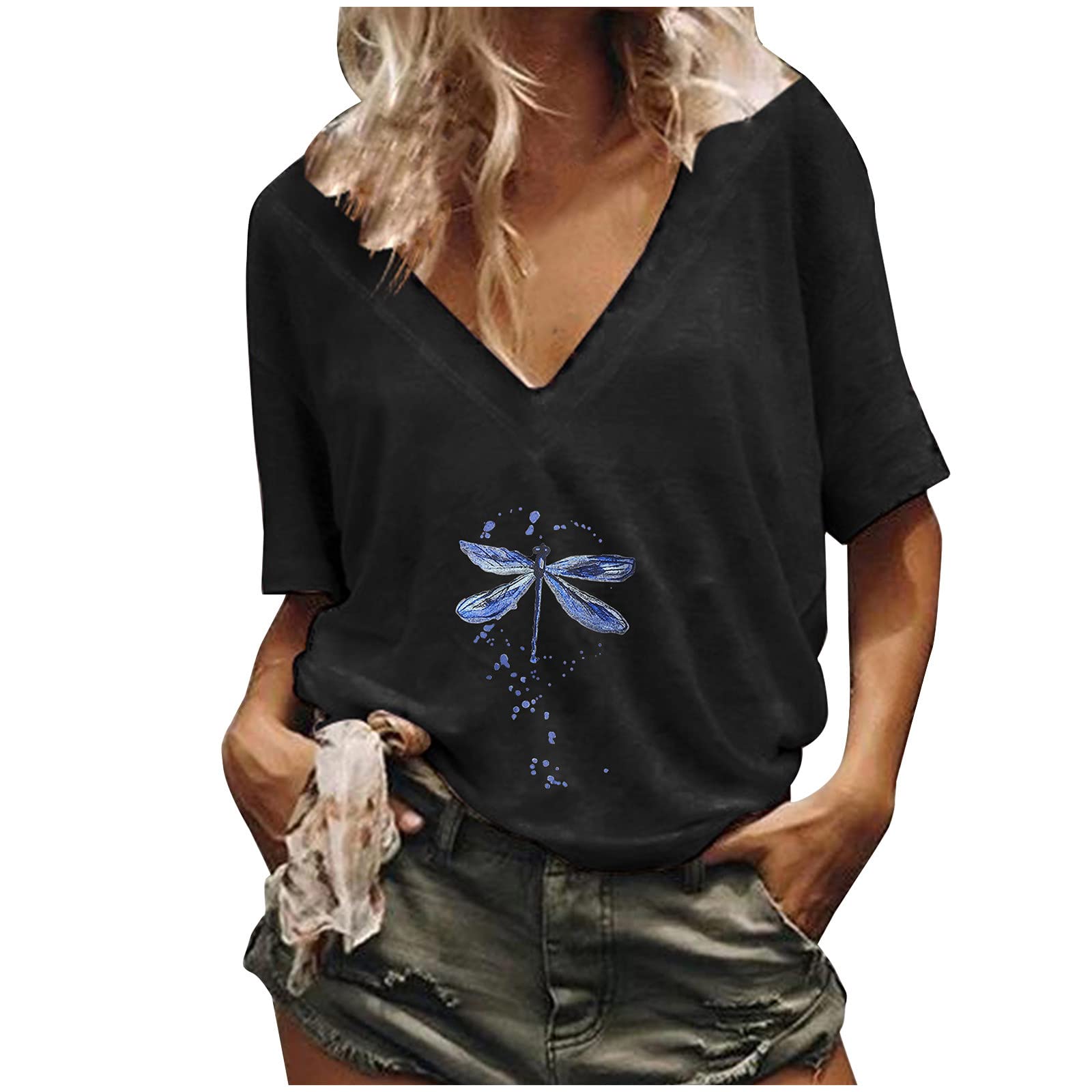 Women's Casual V-Neck Short Sleeve Printed Blouse - Loose Fit Summer Tunic T-Shirt for Women | Perfect for Office, Weekend Outings & Vacation Wear