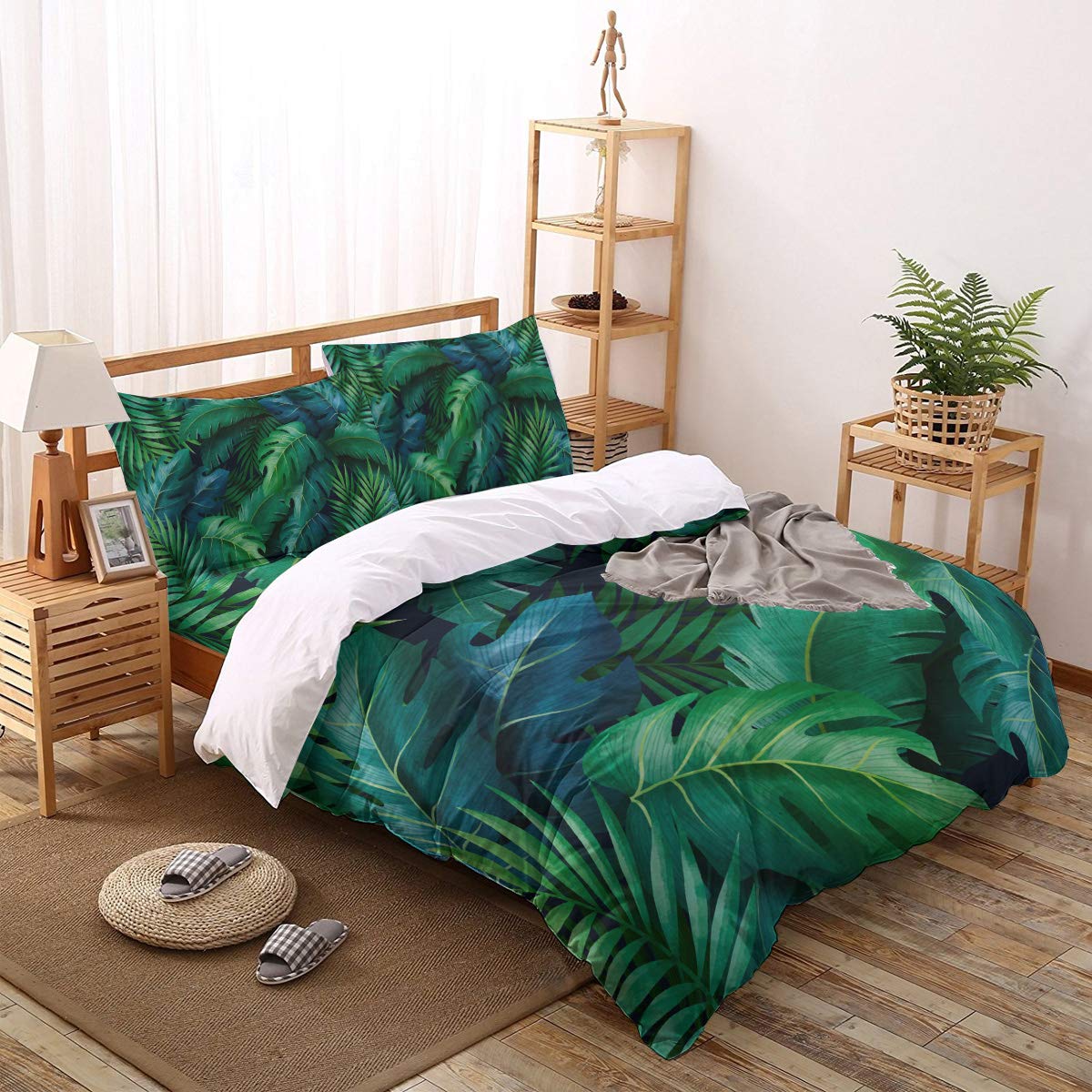 4 Piece Tropical Palm Leaves Duvet Cover Set - Full Size Green Jungle Bedding with Decorative Pillow Shams | Breathable Summer Bedspread for Bedroom Decor, Guest Room & Vacation Home