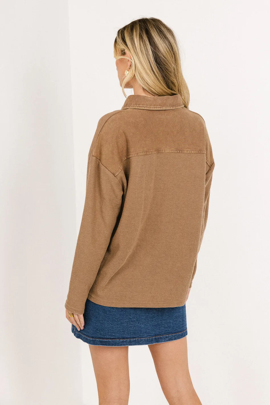 Isabelle Waffle Knit Henley Top Women's Casual Long Sleeve Shirt in Mocha Brown | Cozy Fall Winter Layering Piece for Coffee Dates & Weekend Outfits