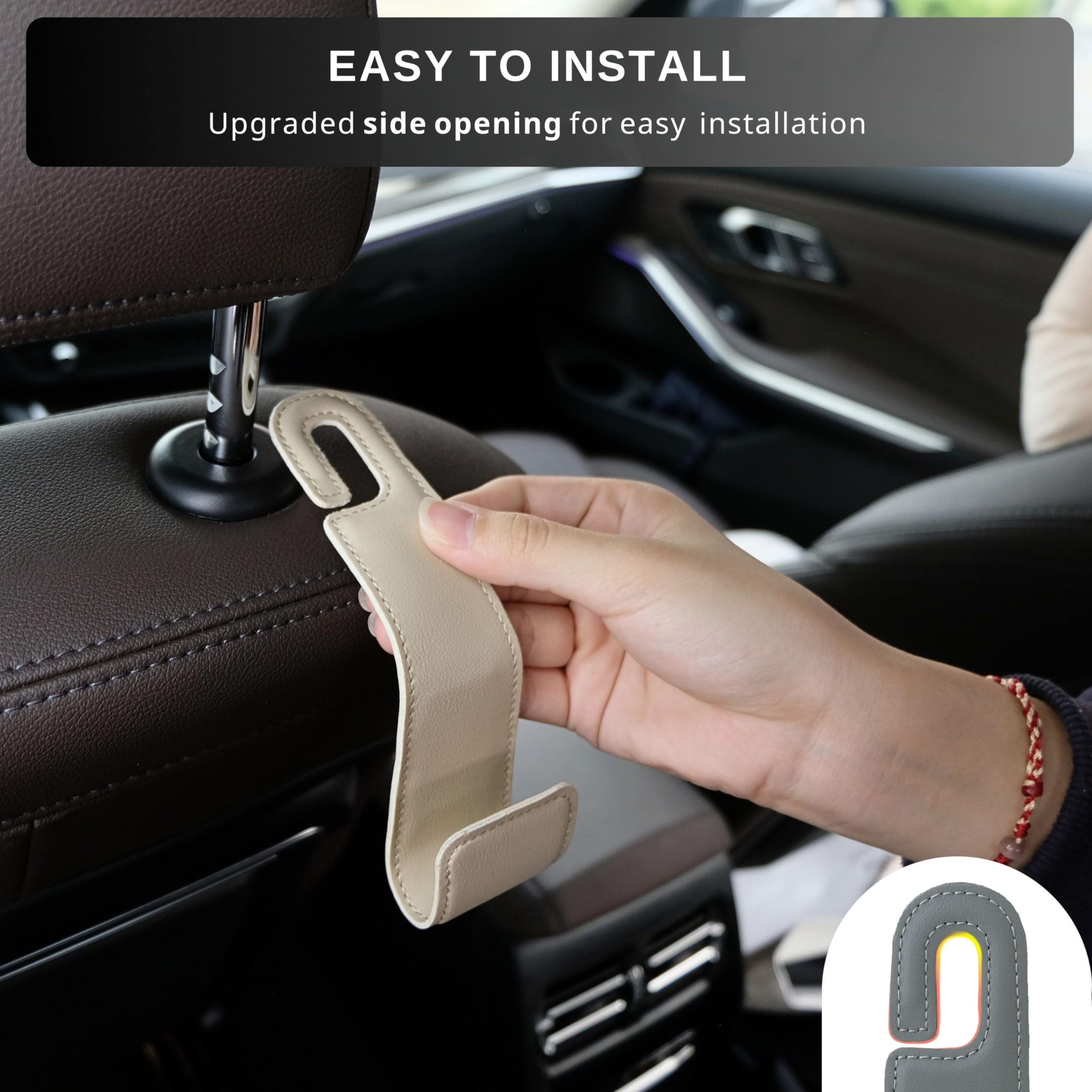 Upgraded 2-Pack Car Seat Hooks - Leather Purse Holder for Car Back Seat, Car Organization Accessories for Hanging Bags & Purses (Beige) - Perfect for Shopping, Commuting & Road Trips