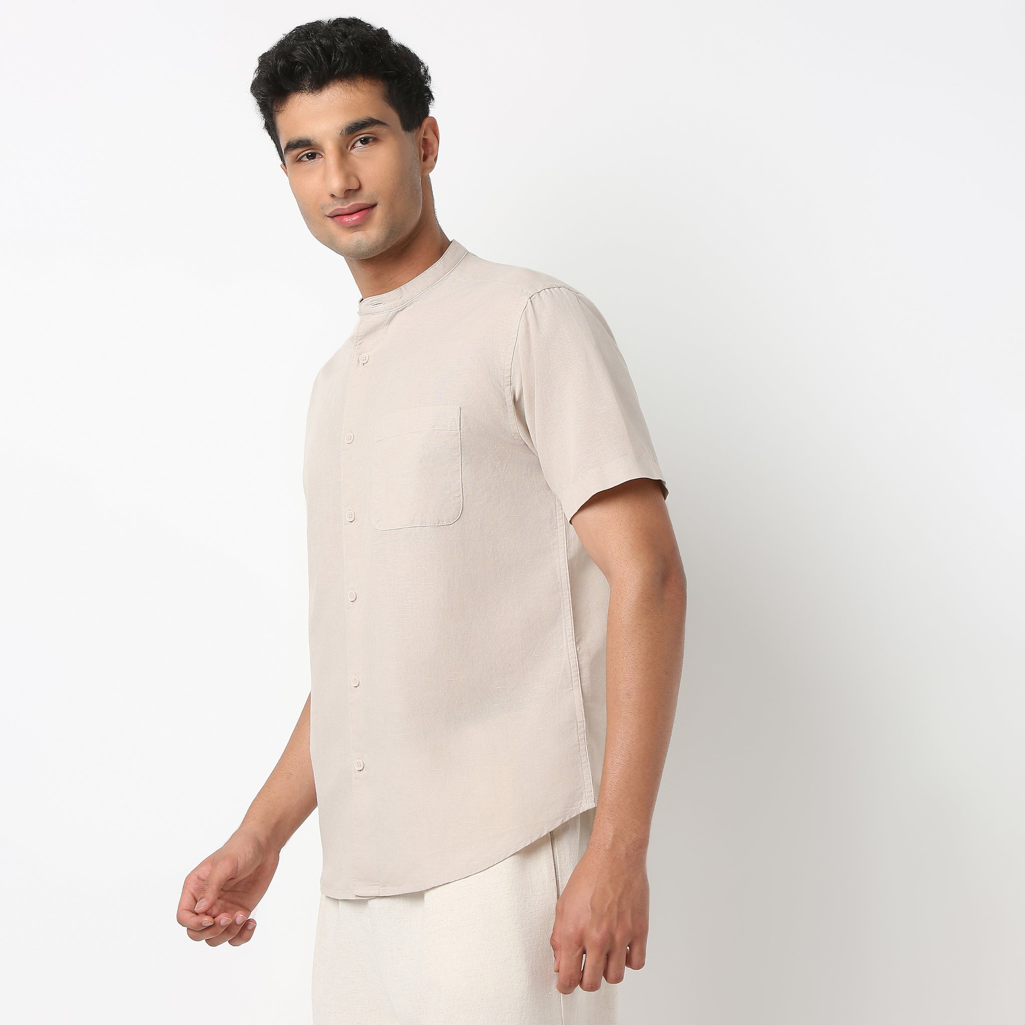Premium Linen Blend Shirt for Men - Half Sleeve Band Collar Comfortable Natural Fabric - Perfect for Summer, Casual Wear & Office Outfits