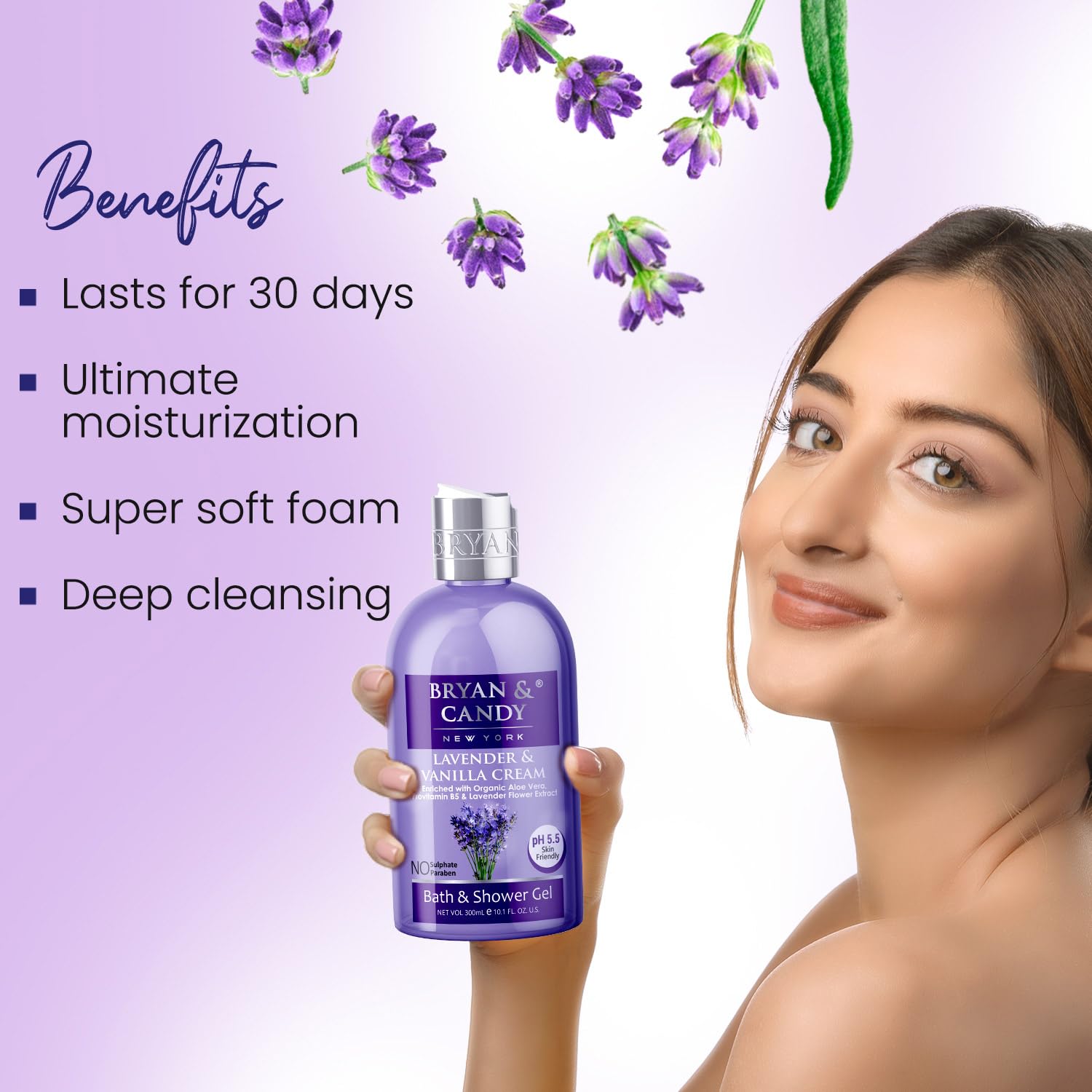 Bryan & Candy Aloe Vera Shower Gel - Gentle Moisturizing Body Wash for Soft, Supple Skin - Lavender Scented Bath & Shower Gel (300ml) - Perfect for Relaxing Baths & Daily Skincare Routine