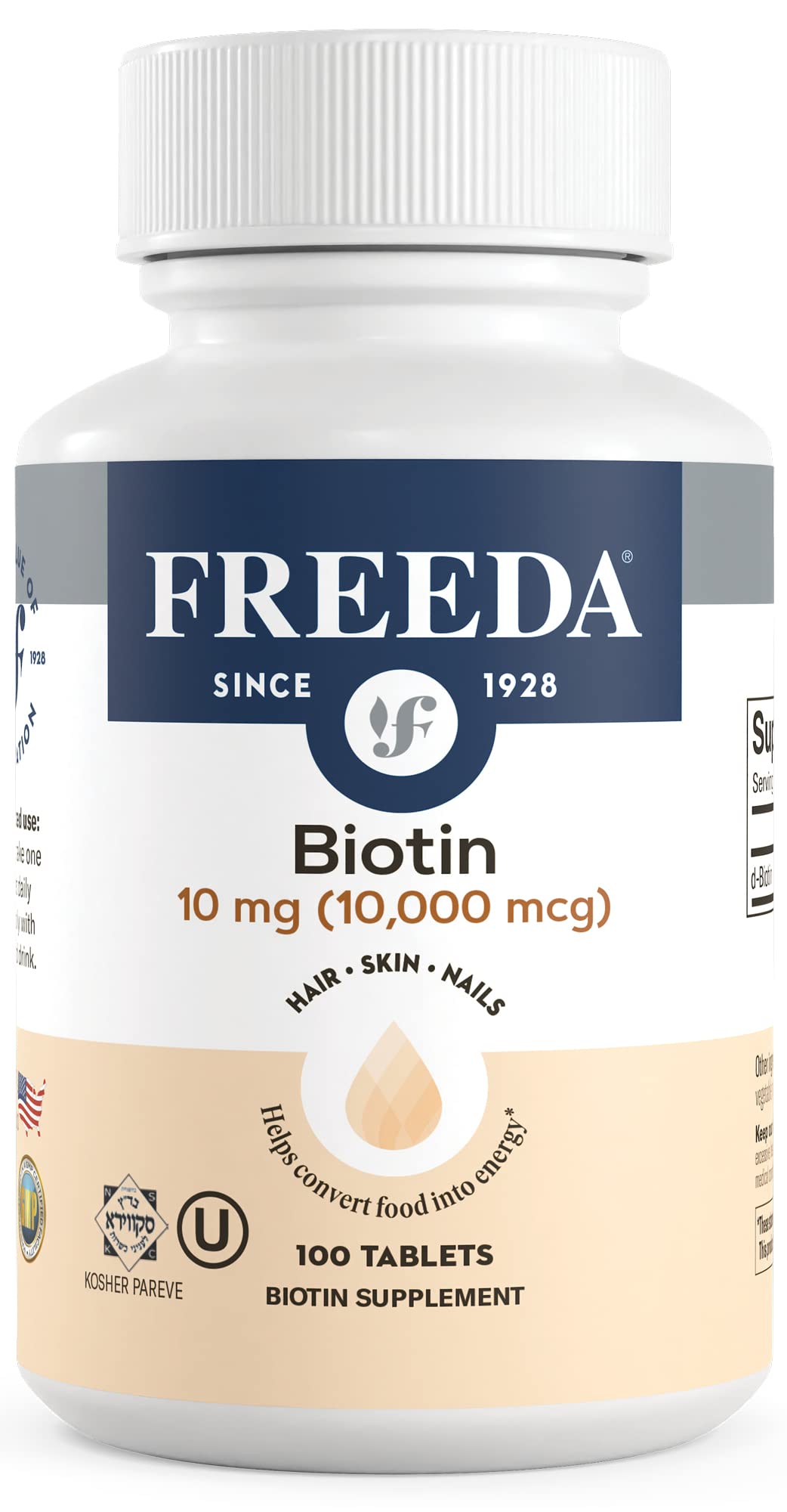 FREEDA Biotin 10,000 mcg - Kosher Certified Hair, Skin & Nails Vitamin Supplement - High Potency B7 for Hair Growth & Strong Nails - Vegan D-Biotin Tablets - 100 Tiny Tablets - Perfect for Daily Beauty & Wellness Routine