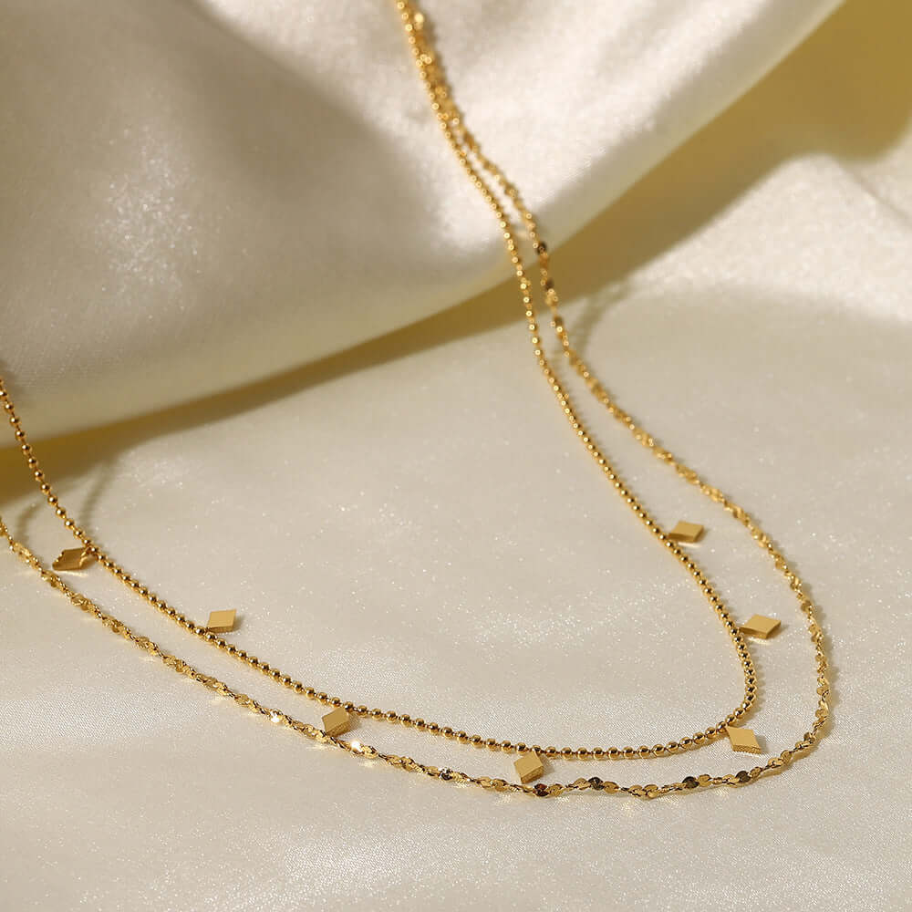 18K Gold Plated Geometric Double Strand Chain Necklace for Women - Elegant Layered Statement Jewelry for Parties, Date Night & Special Occasions | JDN120