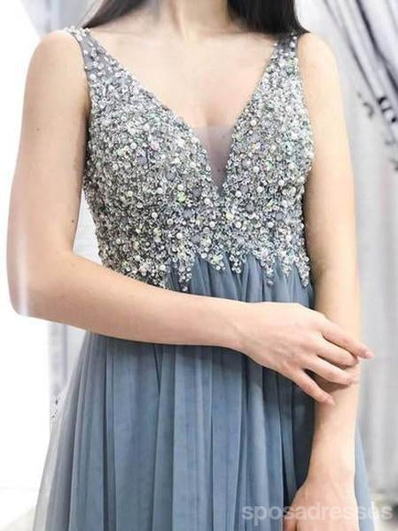 Elegant Grey Lace Beaded V-Neck Long Evening Prom Dress for Women | Formal Gown for Homecoming, Ball & Special Occasions | Style 18637