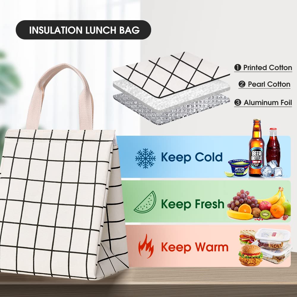 Eco-Friendly Reusable Insulated Lunch Bag with Aluminum Foil Lining - Thermal Lunch Tote for Women & Men - Perfect for Office, School & Picnics - Durable Canvas Fabric - White Plaid Design