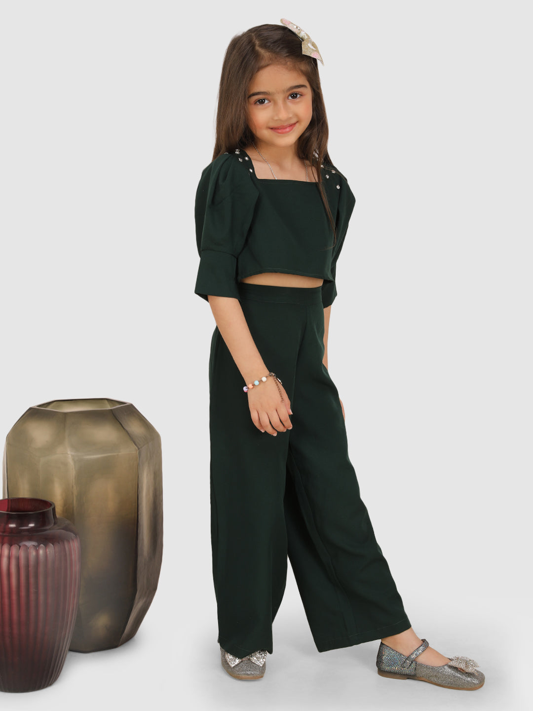 Diamond Embellished Shoulder Pleated Sleeve Top & Pant Set in Bottle Green | Elegant Evening Wear for Parties & Special Occasions