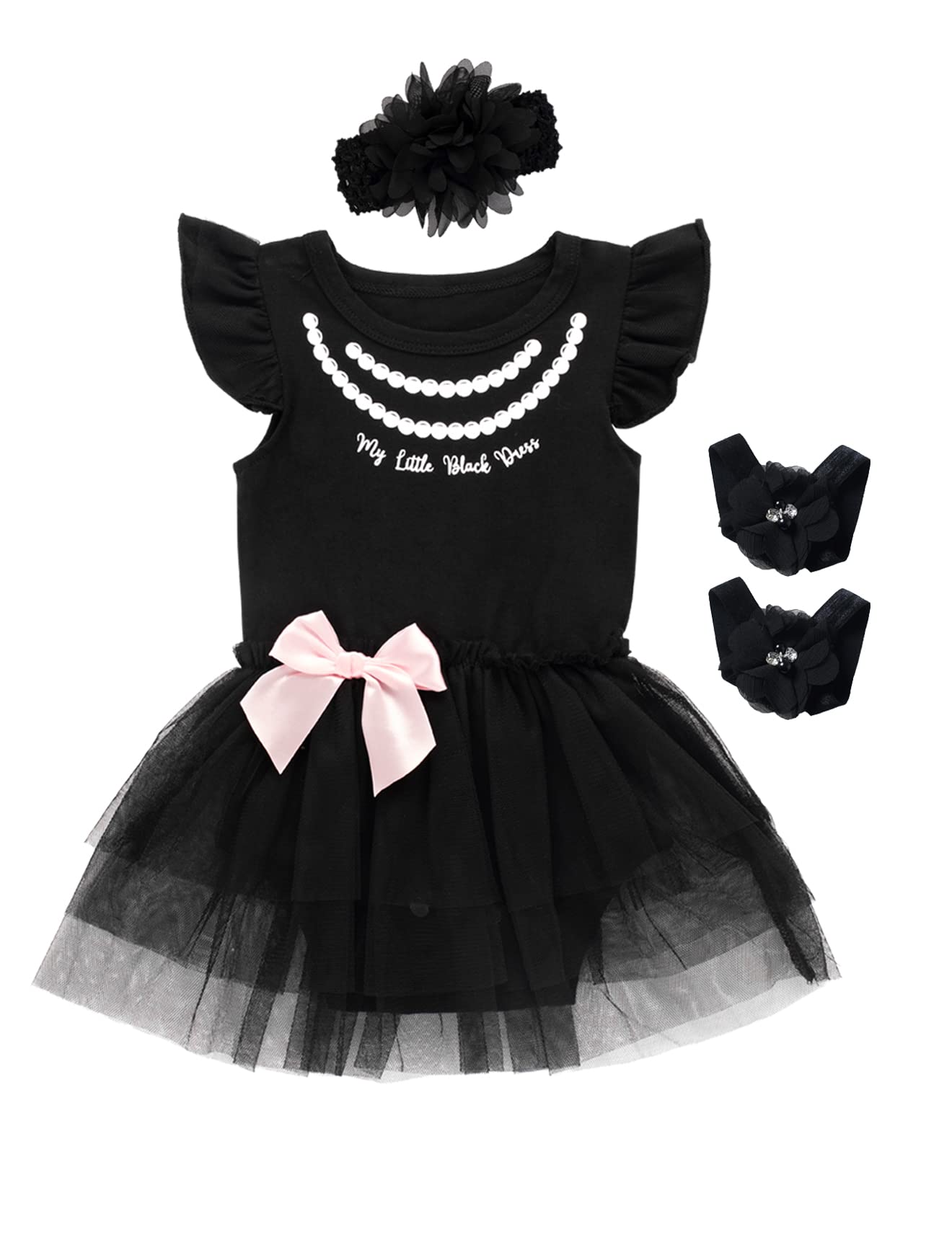 3-Piece Newborn Baby Girl Outfit - Black Lace Tutu Dress, Summer Bodysuit & Headband Set | Perfect for Photoshoots, Birthday Parties & Special Occasions