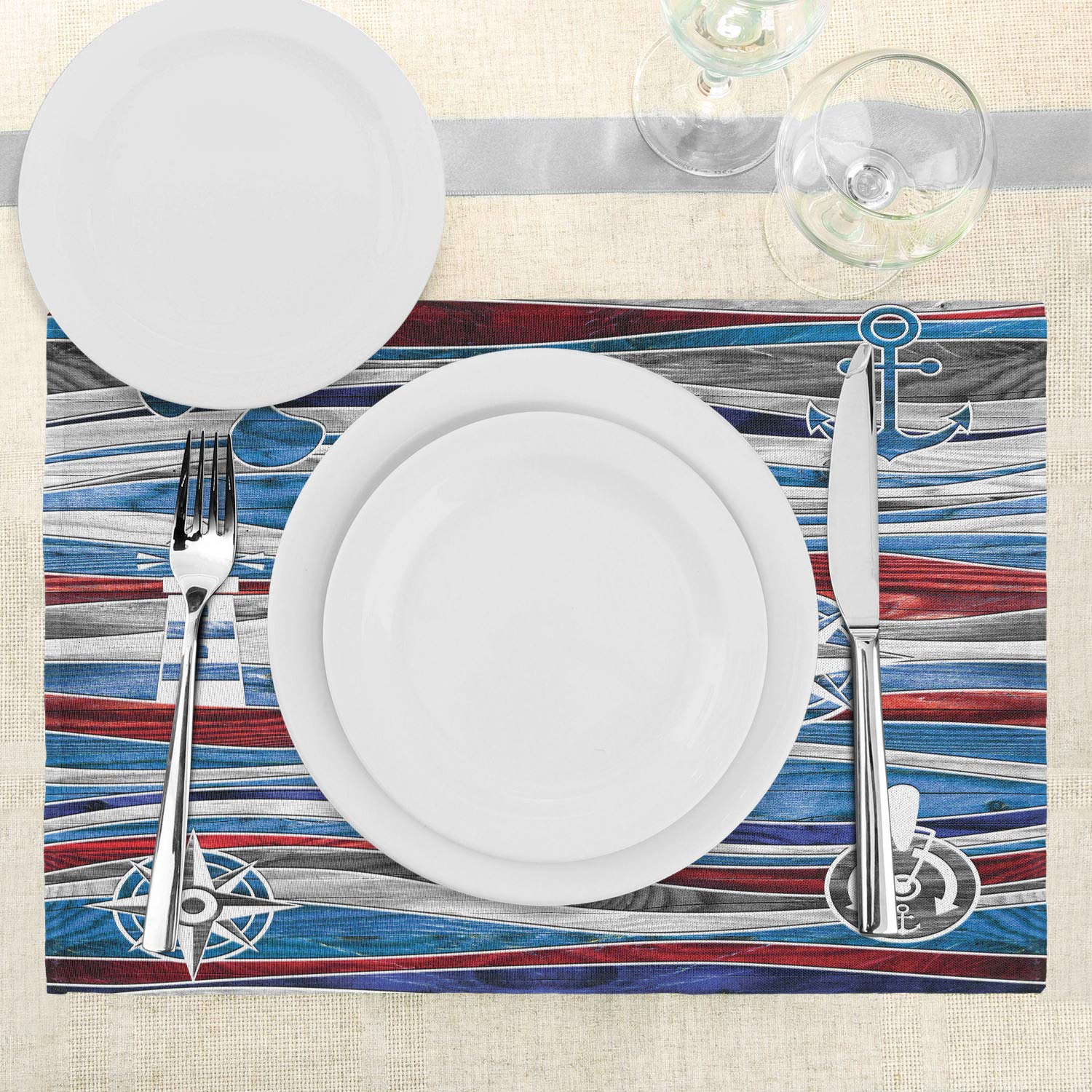 Lunarable Anchor Place Mats Set of 4 - Nautical Boat Anchor Lighthouse Steering Wheel Compass Design on Ocean Wave Background, Washable Fabric Table Mats for Dining Room & Kitchen Decor in Blue Red Grey - Perfect for Beach House, Coastal Theme Dining, and Nautical Party Decorations