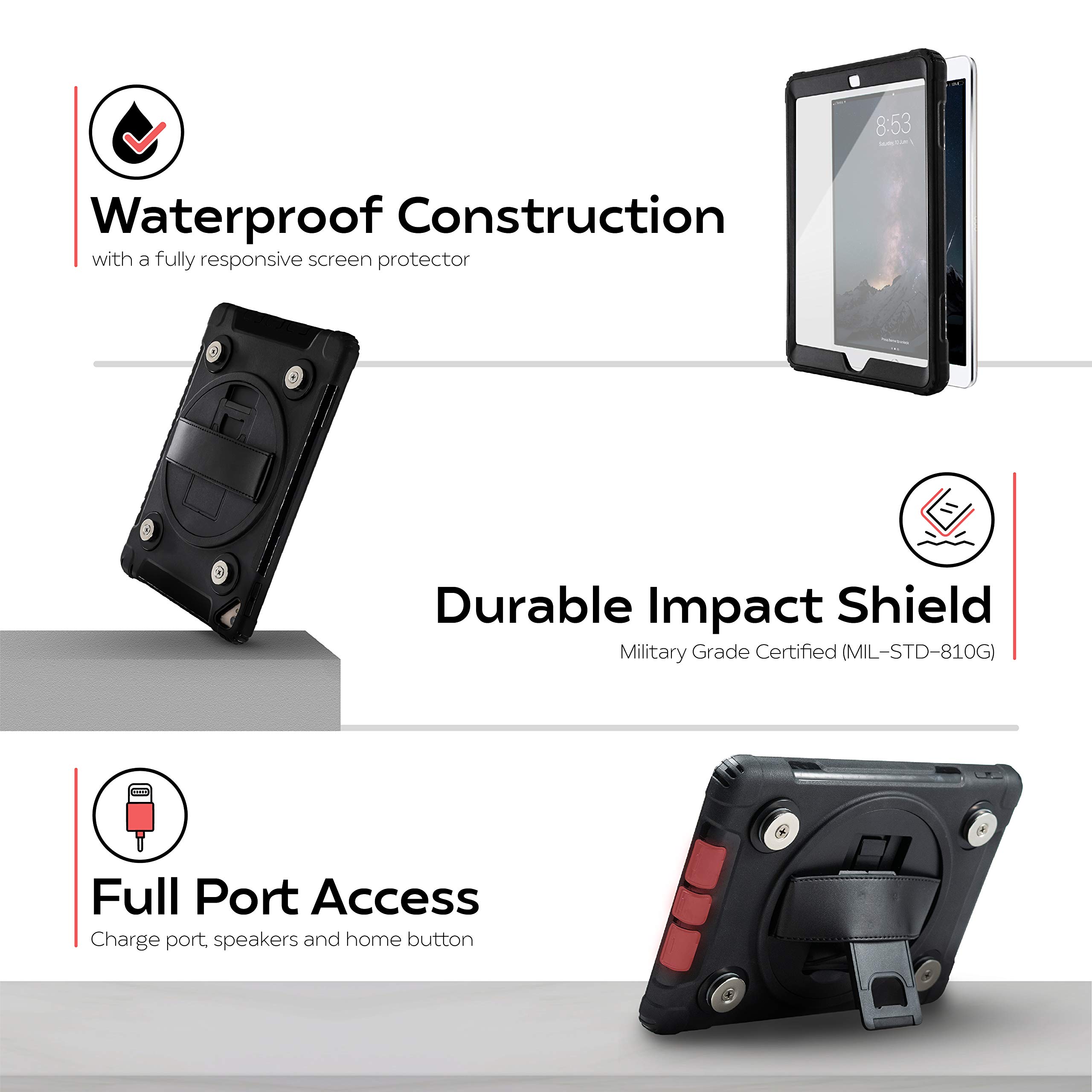 Waterproof iPad Case with Magnetic Attachment - Shockproof Protective Cover with Metal Mounting Plates for iPad Air 2, iPad 5th/6th Gen & iPad Pro 9.7