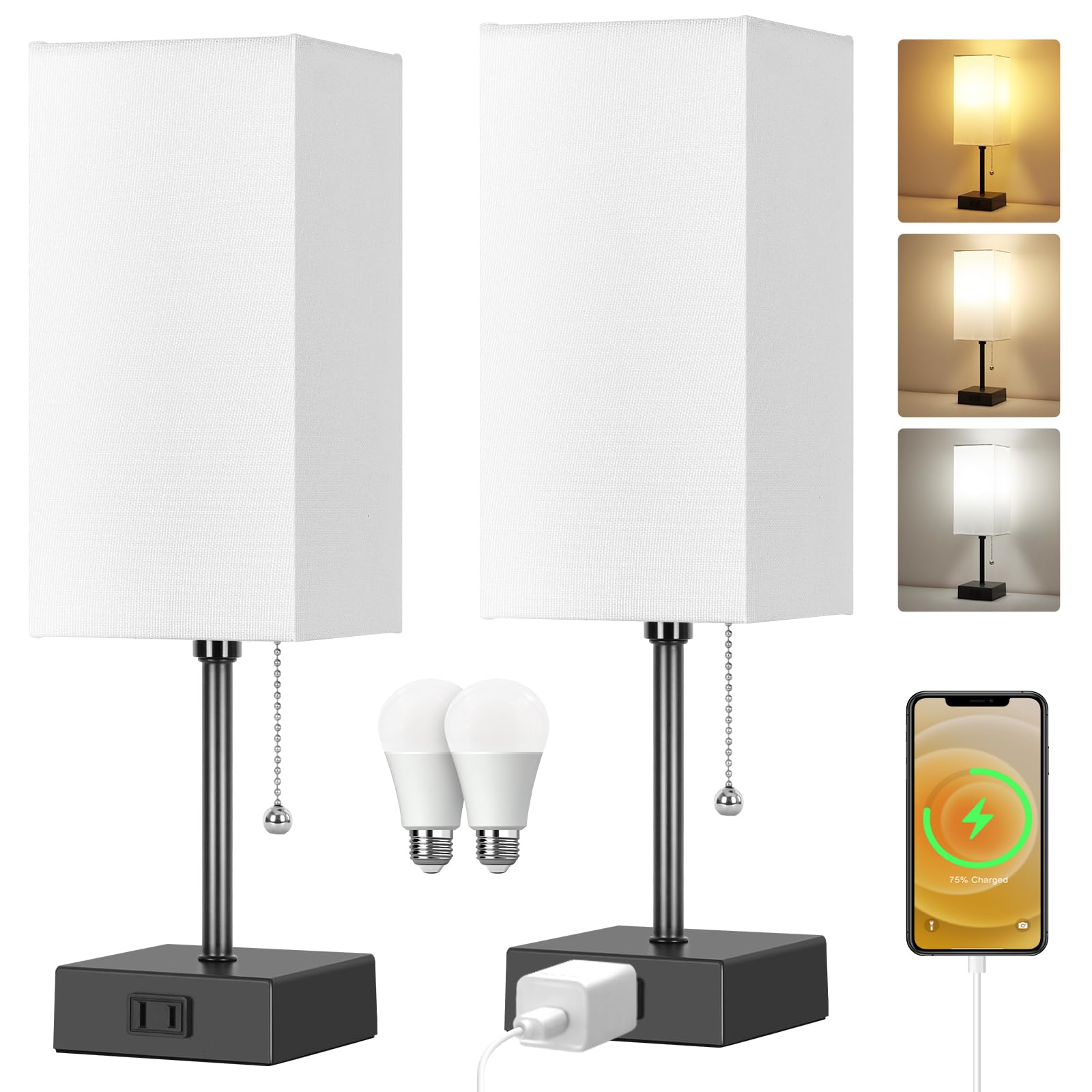 Dott Arts Modern Table Lamp Set of 2 with AC Outlets - Adjustable 2700K-5000K Night Light, Minimalist Bedside Lamps for Bedroom, Living Room, Office & Kids Room (Includes LED Bulbs) - Perfect for Reading, Working & Creating Cozy Atmosphere