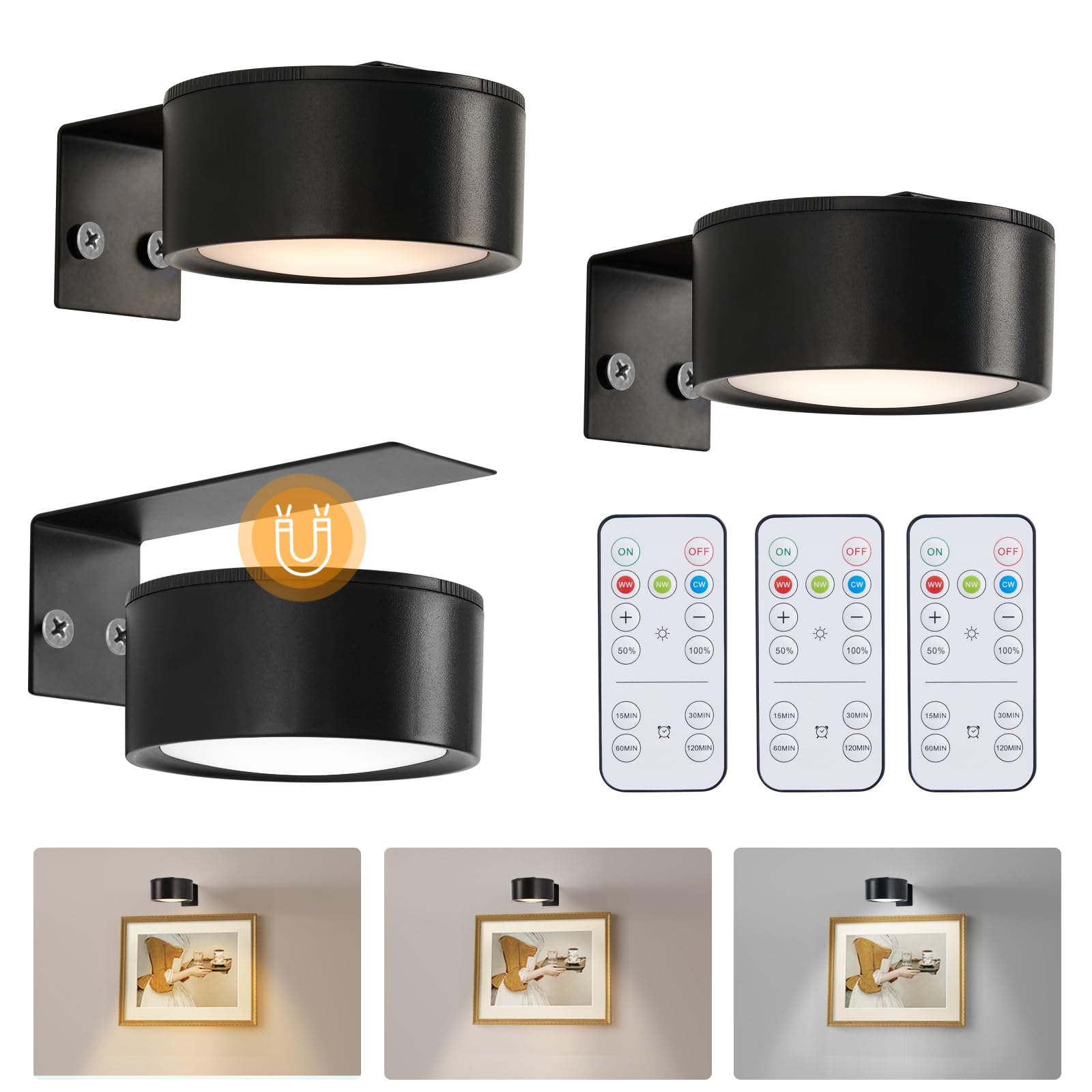 3 Pack Battery Operated LED Picture Lights for Wall Art - Wireless Magnetic Gallery Lighting with 3 Modes, Dimmable & Timer Function - Perfect for Paintings, Posters, Photos & Home Decor (Black)