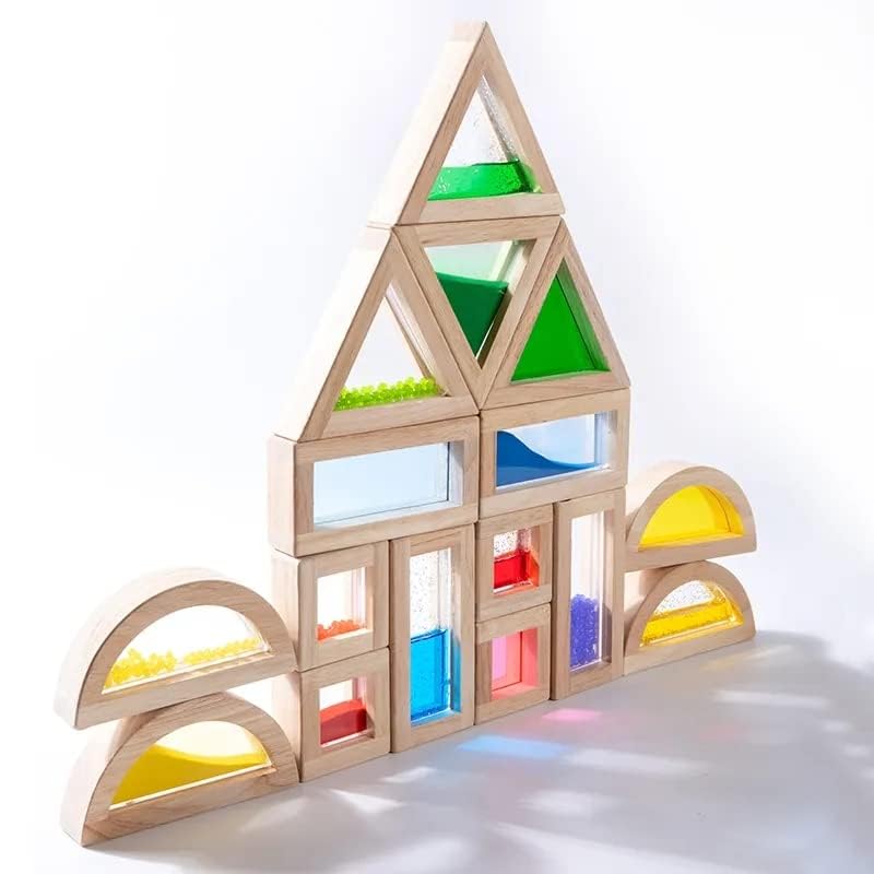 16-Piece Large Wooden Building Blocks for Toddlers - Rainbow Geometry Sensory Stacking Construction Toys | Educational Preschool Learning Toys for Boys & Girls | Perfect for Daycare, Homeschool & Playroom Activities
