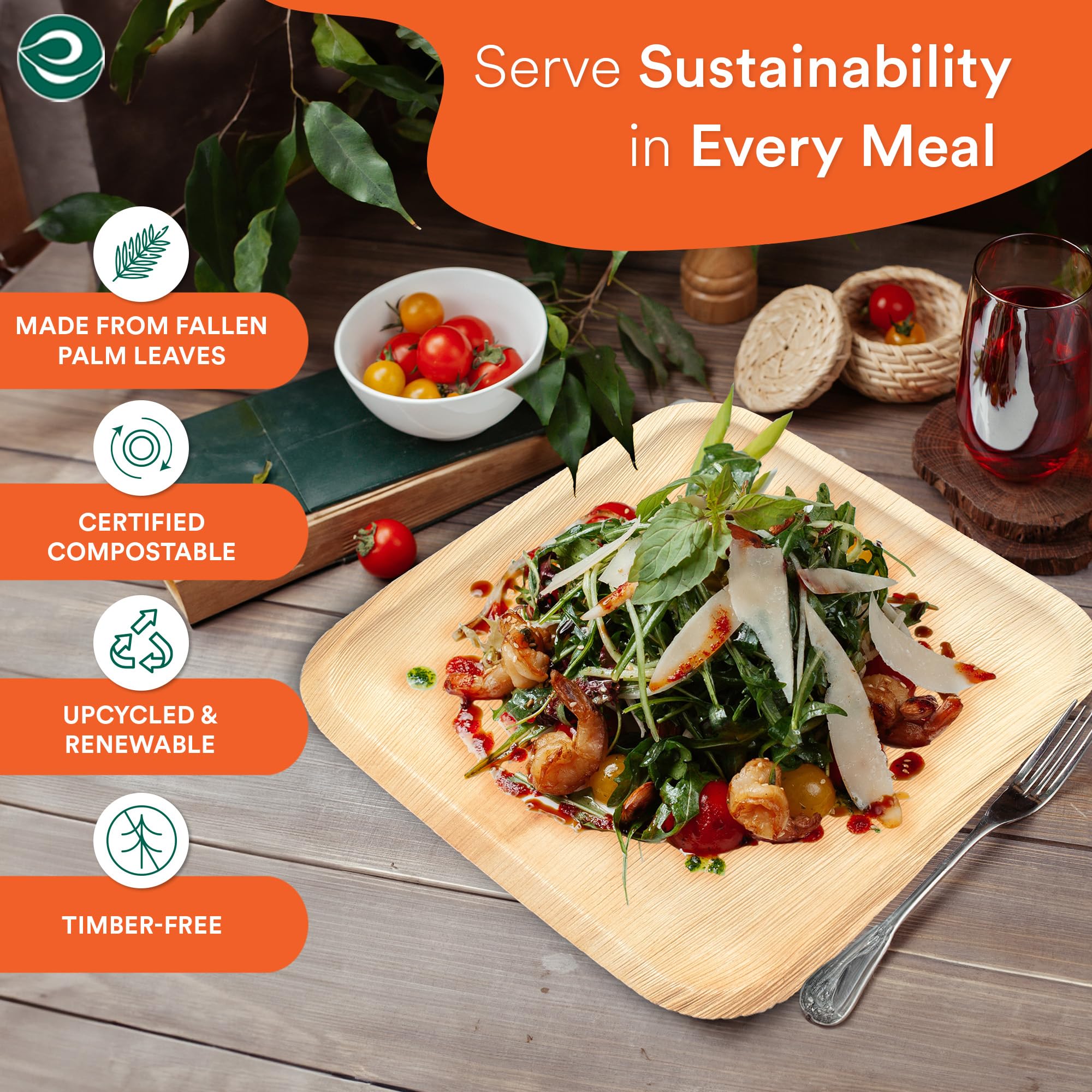 ECO SOUL Compostable 8 Inch Square Palm Leaf Plates (200 Count) - Biodegradable & Eco-Friendly Dinnerware | Microwave & Oven Safe | Perfect for Parties, Picnics, and Sustainable Dining