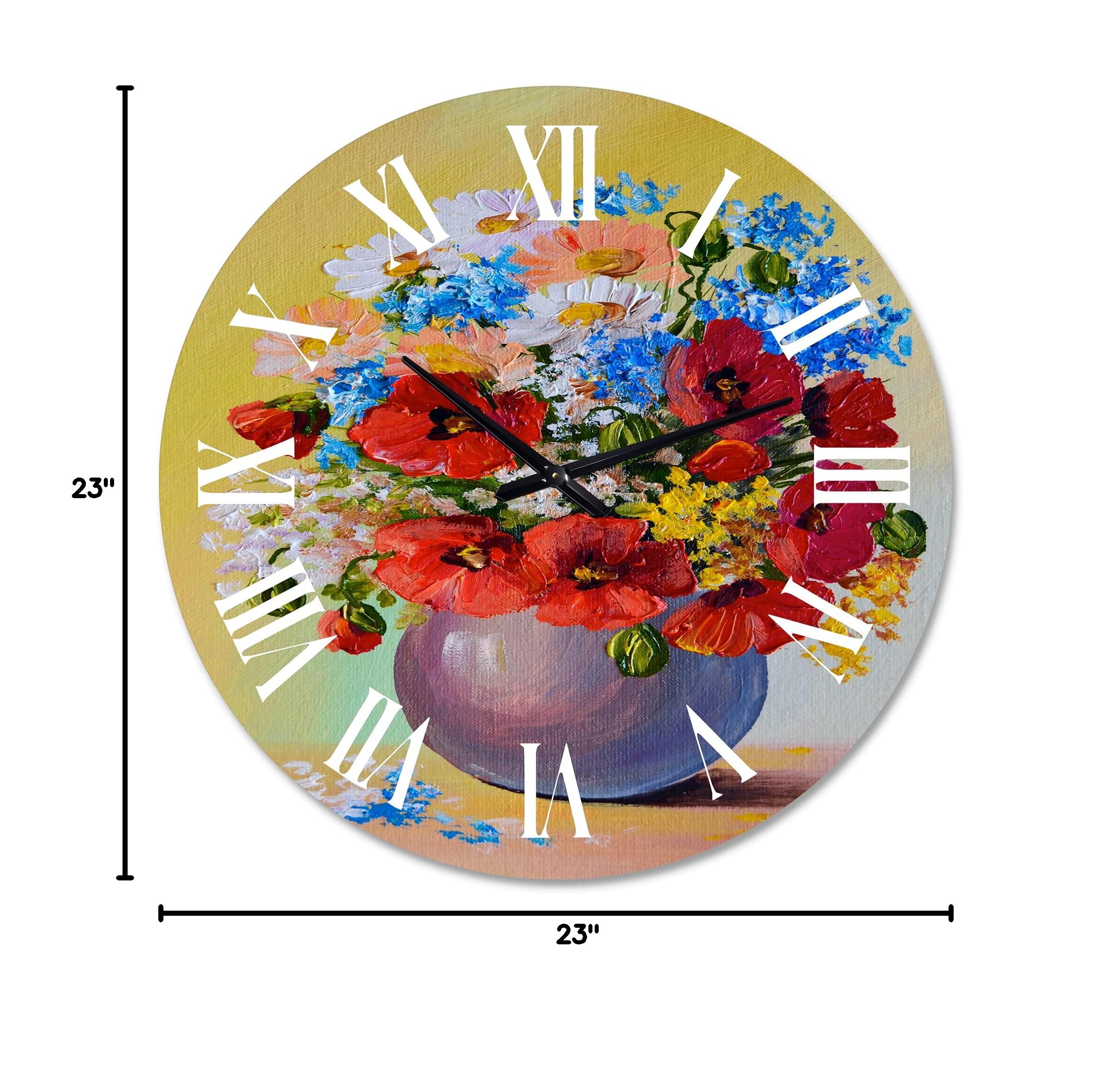 DesignQ Traditional Wall Clock - Still Life Floral Art with Red & Blue Flowers - Large Decorative Clock for Bedroom, Living Room & Office - Perfect Home Decor Gift