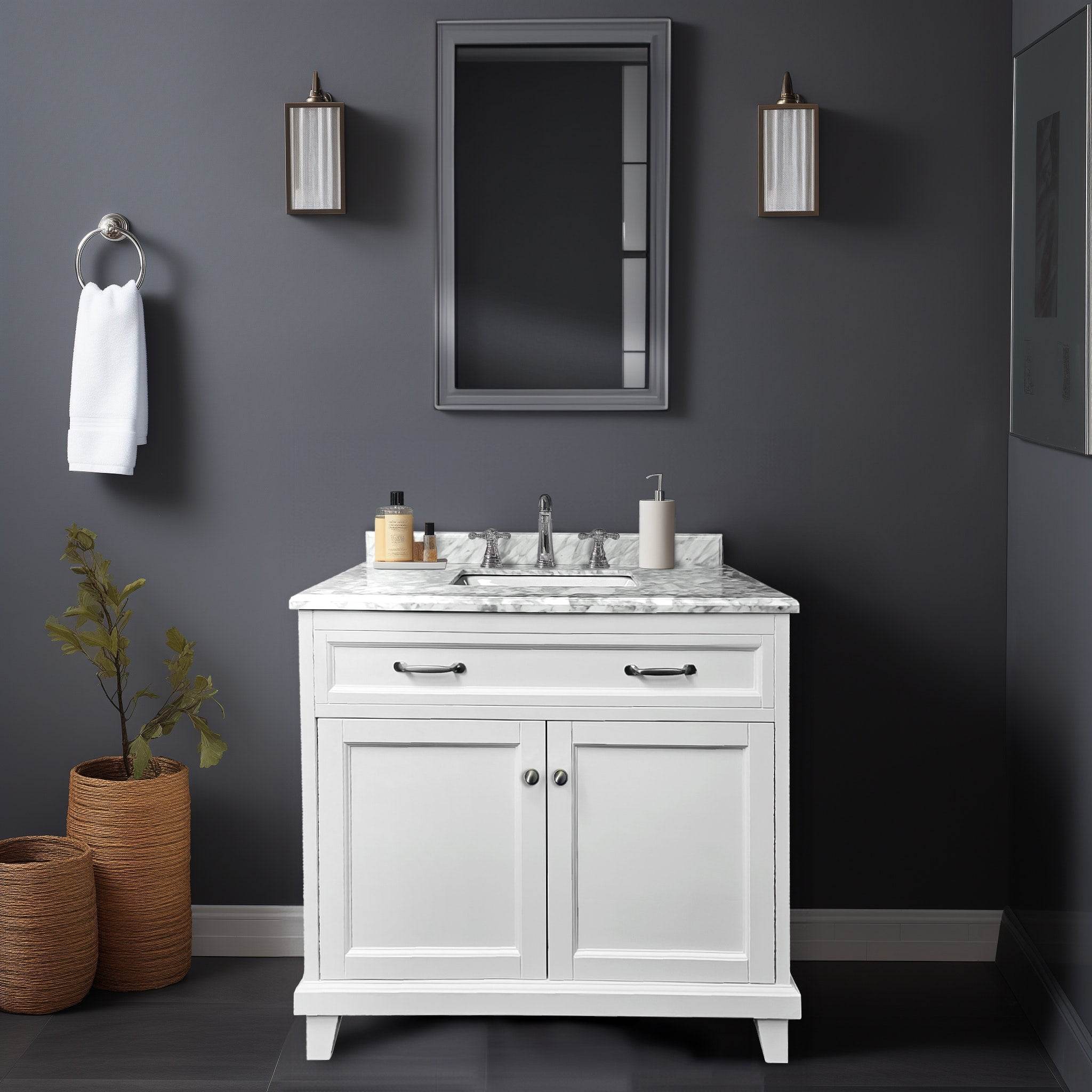 White Bathroom Vanity with Solid Wood Frame & Carrara Marble Top - 3 Size Options for Modern Bathroom Decor | Perfect for Master Bath, Guest Bath & Small Space Remodeling