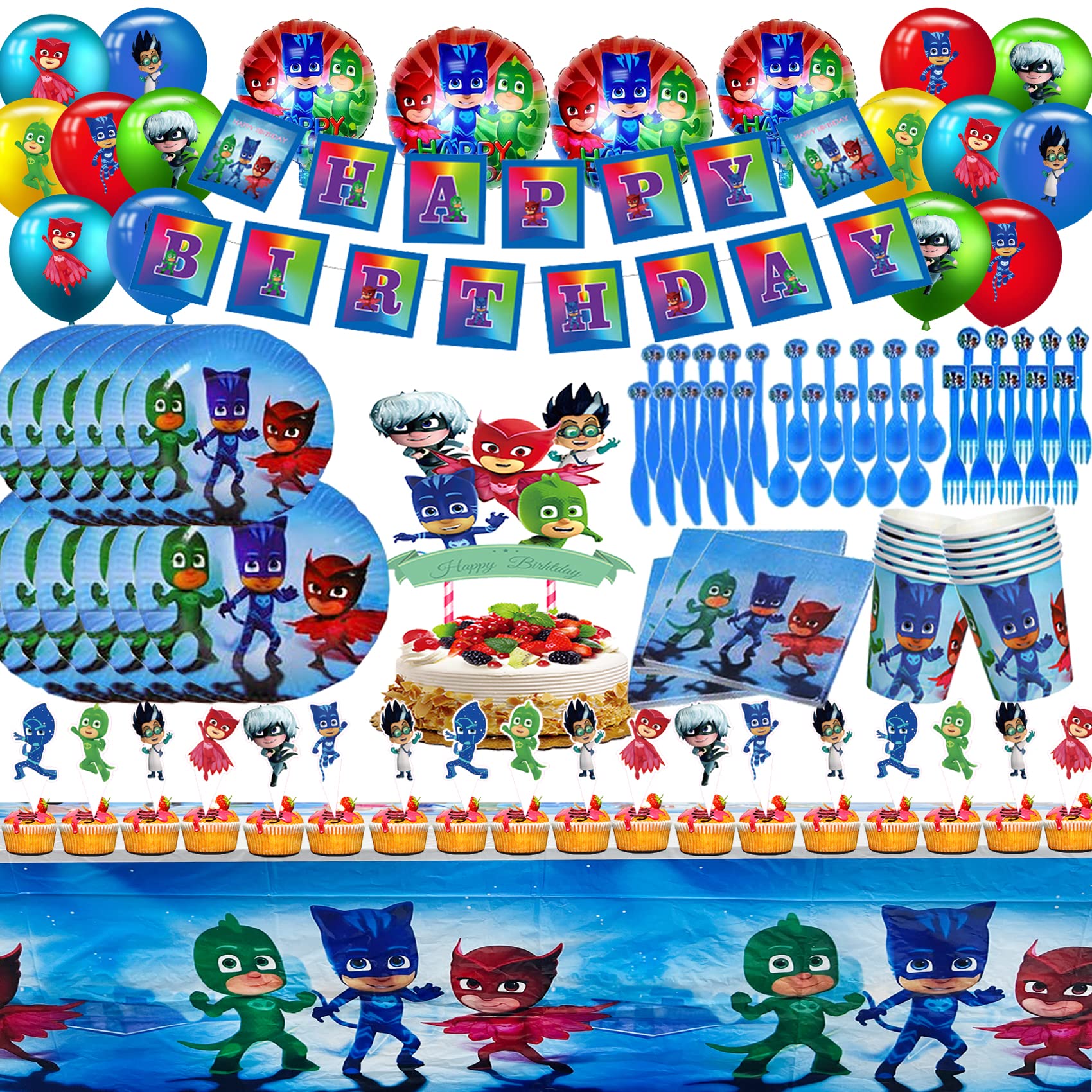 PJ Masks Birthday Party Decorations Kit - Happy Birthday Banner, Cake Topper, Plates, Cups, Cutlery & Balloons for Kids | Perfect for PJ Masks Themed Birthday Parties, Baby Showers & Family Celebrations