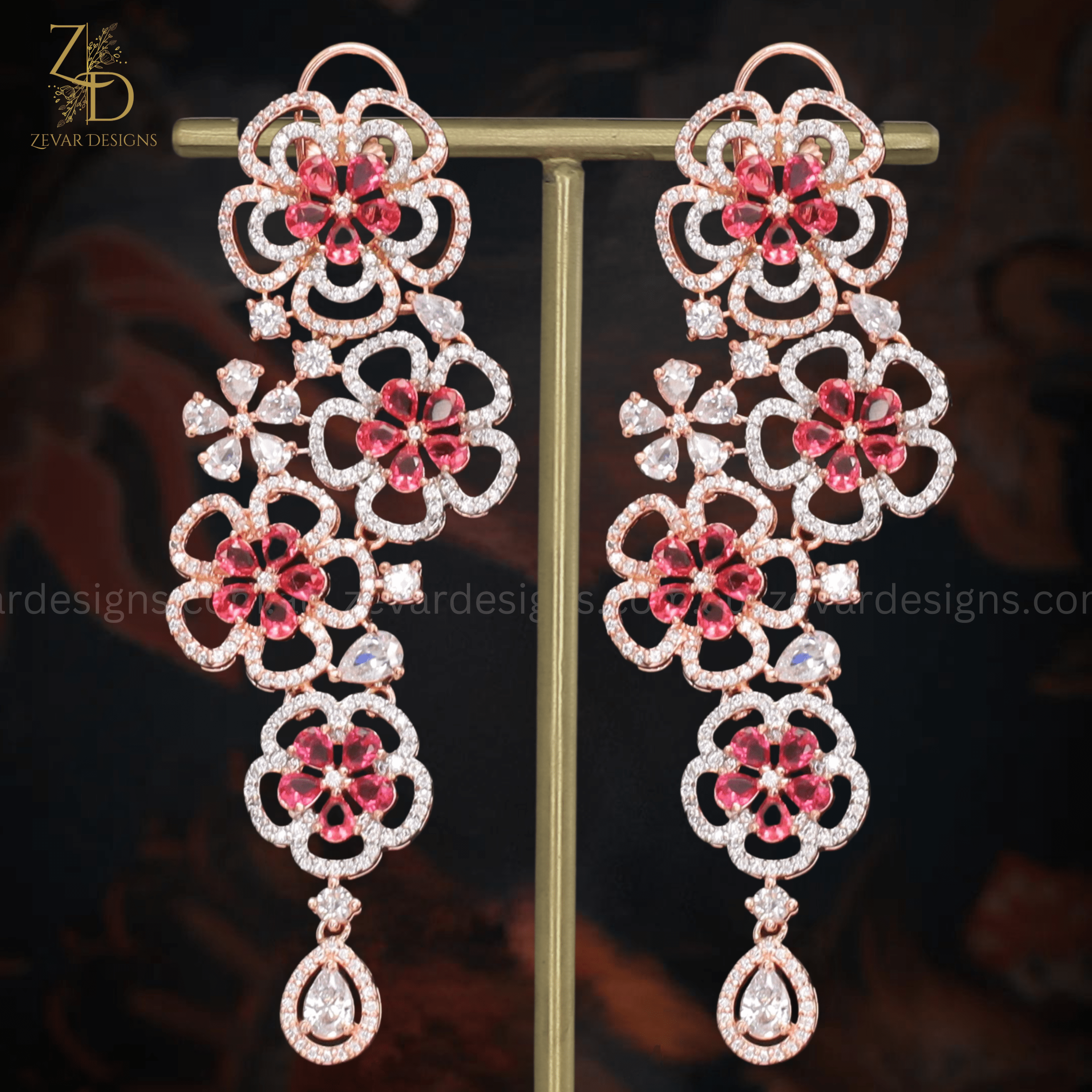 Elegant Crystal Ruby Rose Gold AD Earrings for Women – Perfect for Weddings, Parties & Special Occasions