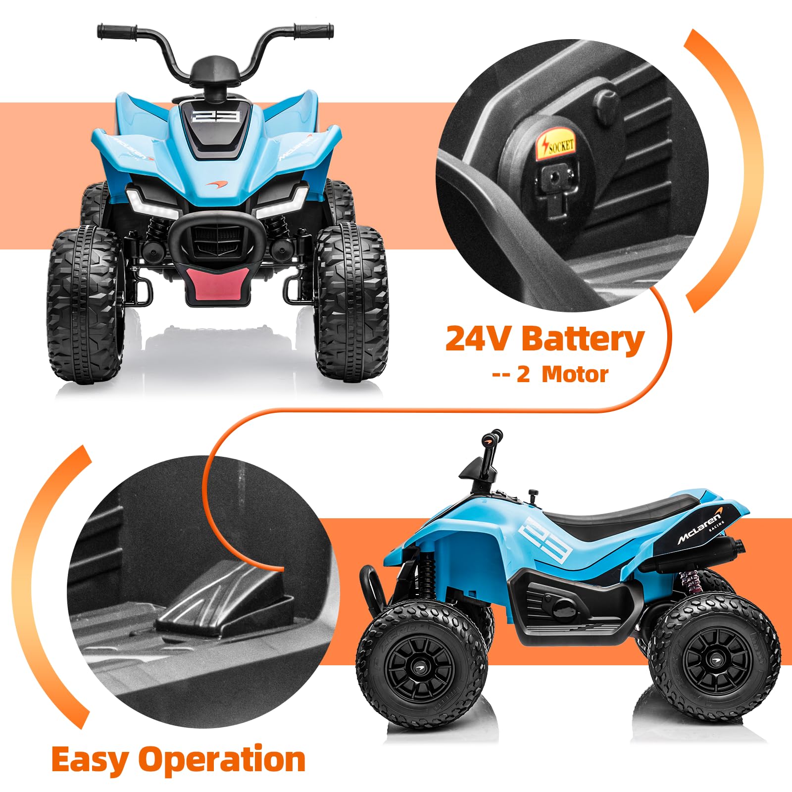 GARVEE 24V McLaren Ride On Car for Kids Ages 3+ - Blue Electric ATV with LED Lights & Music Mode | Perfect for Outdoor Play, Birthday Gifts & Toddler Pretend Driving