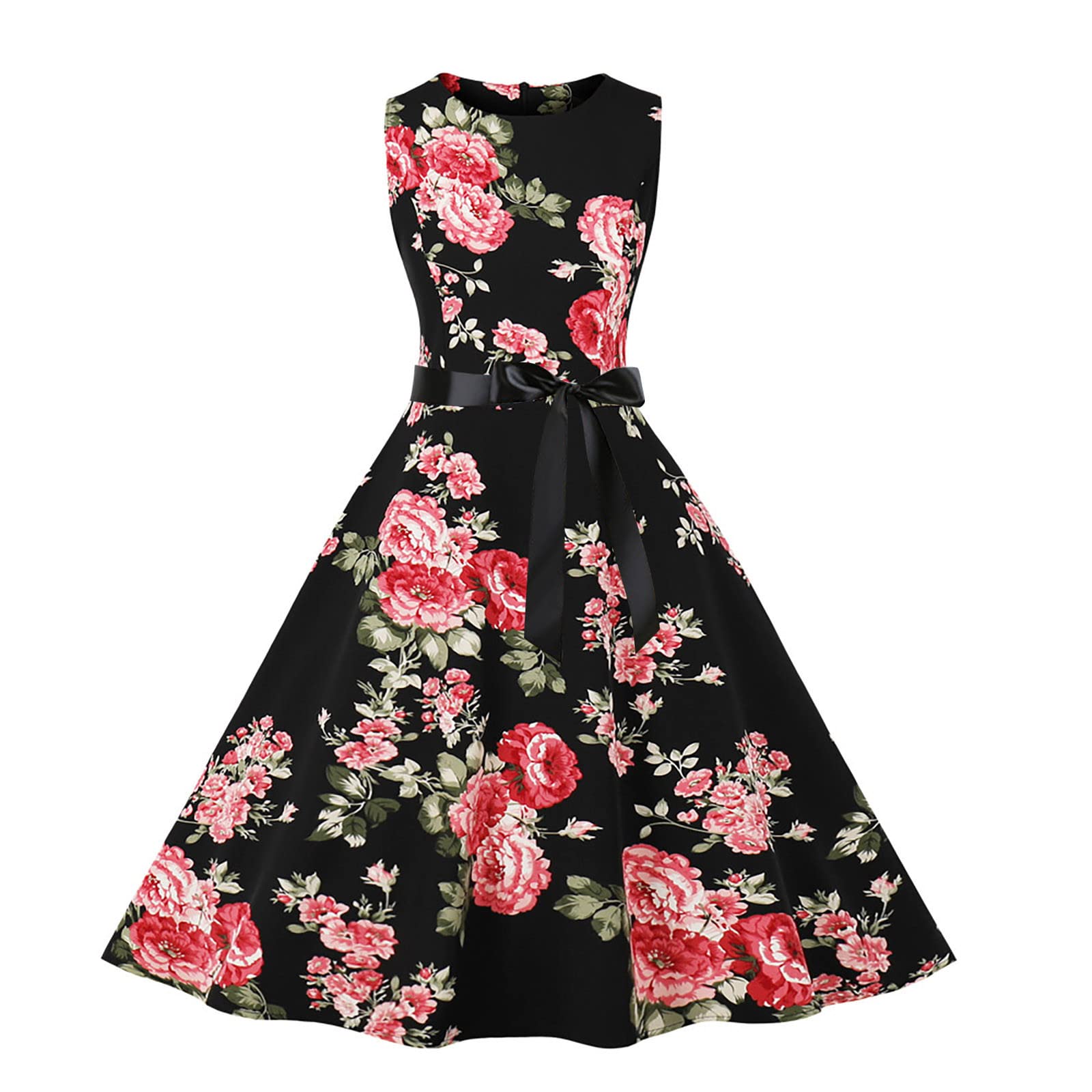 Vintage 1950s Floral Print Cocktail Dress - Women's Swing Prom Party Dress Sleeveless Tank for Wedding Guest, Evening Events & Retro Themed Parties
