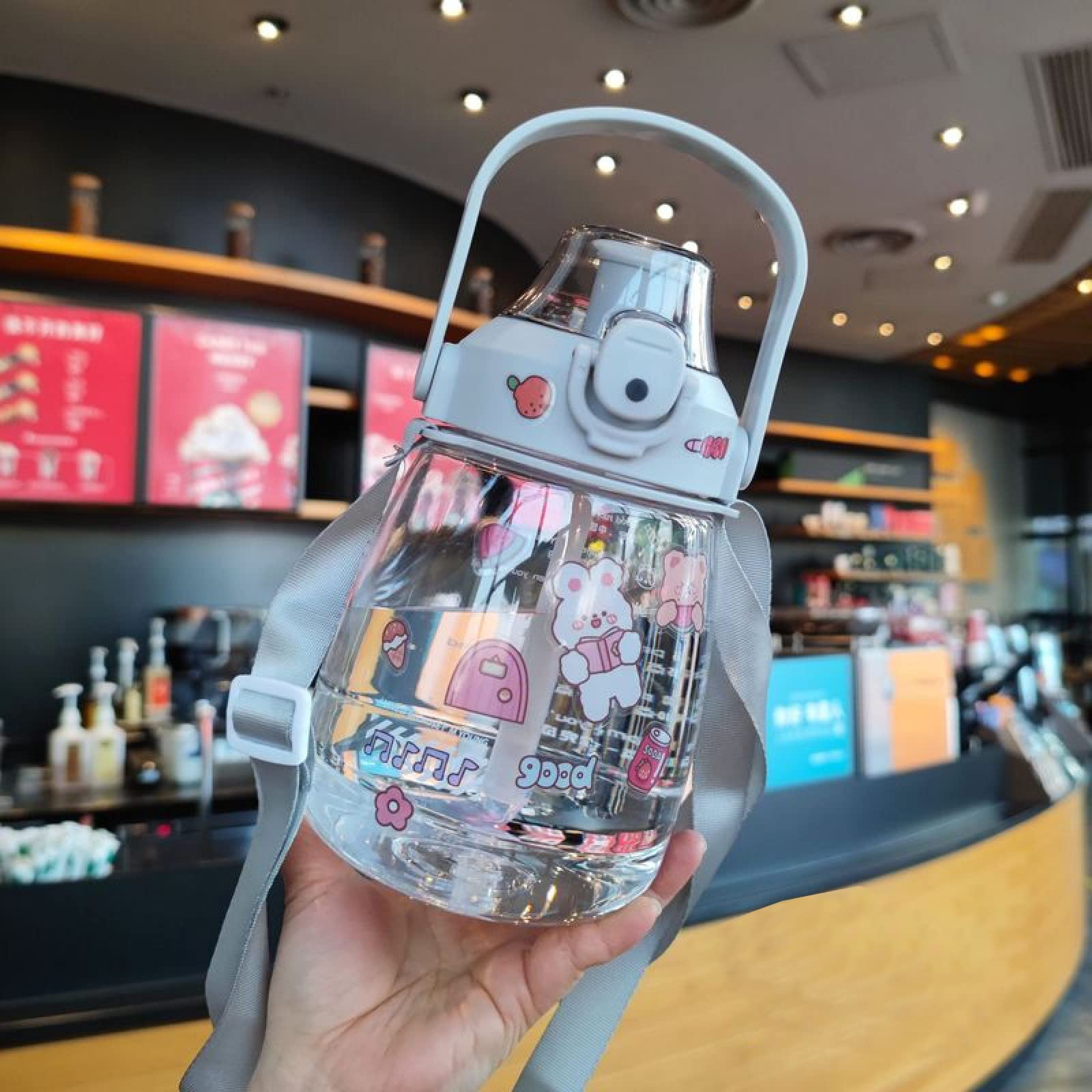 **BXCNCKD Kawaii Large-Capacity Water Bottle with Straw & Strap - 1100ml (Grey) - Perfect for School, Gym, Travel & Outdoor Activities**