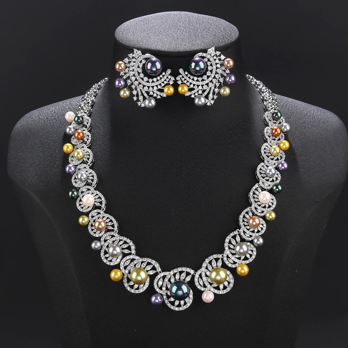 Luxury 7-Color Pearl Choker Necklace & Earrings Set with White Cubic Zirconia - Wedding, Bridal Party Jewelry for Women - Perfect for Formal Events, Anniversaries and Special Occasions