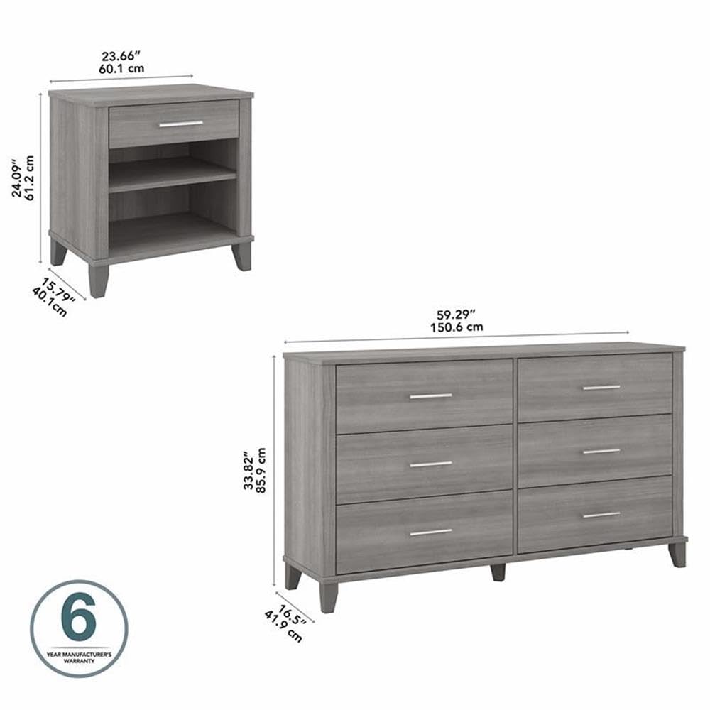 Bush Furniture Somerset 6-Drawer Dresser and Nightstand Set for Bedroom - Platinum Gray | Modern Storage Solution for Master Bedroom, Guest Room & Dorm Organization