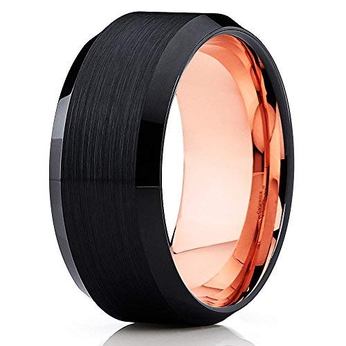 Rose Gold Tungsten Wedding Band for Men & Women - 18k Rose Gold & Black Tungsten Engagement Ring - Comfort Fit Beveled Design - Perfect for Anniversaries, Proposals & Everyday Wear