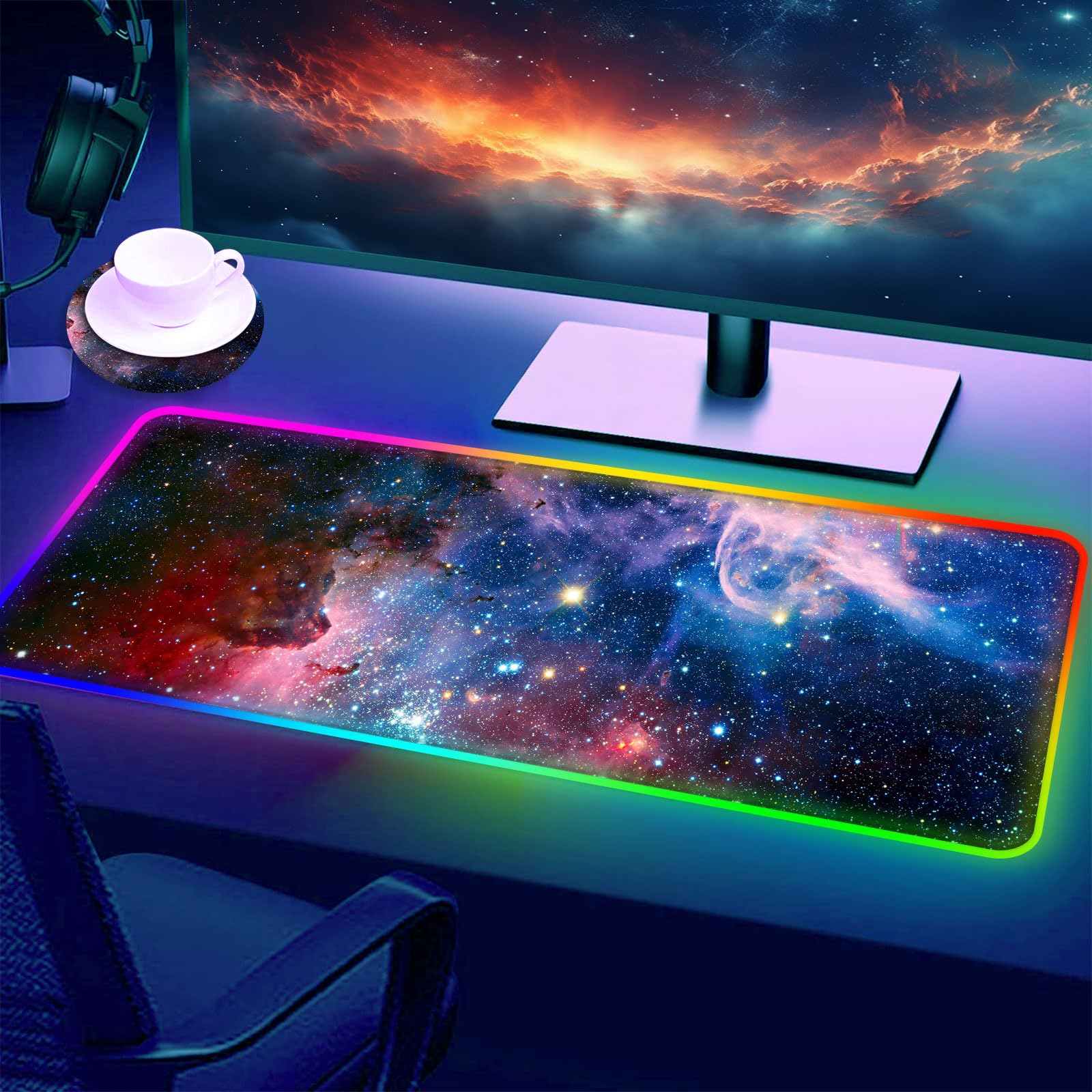 RGB Gaming Mouse Pad - Large Galaxy Nebula Space Design with Glowing LED Lights, 10 Lighting Modes, Non-Slip Rubber Base (31.5