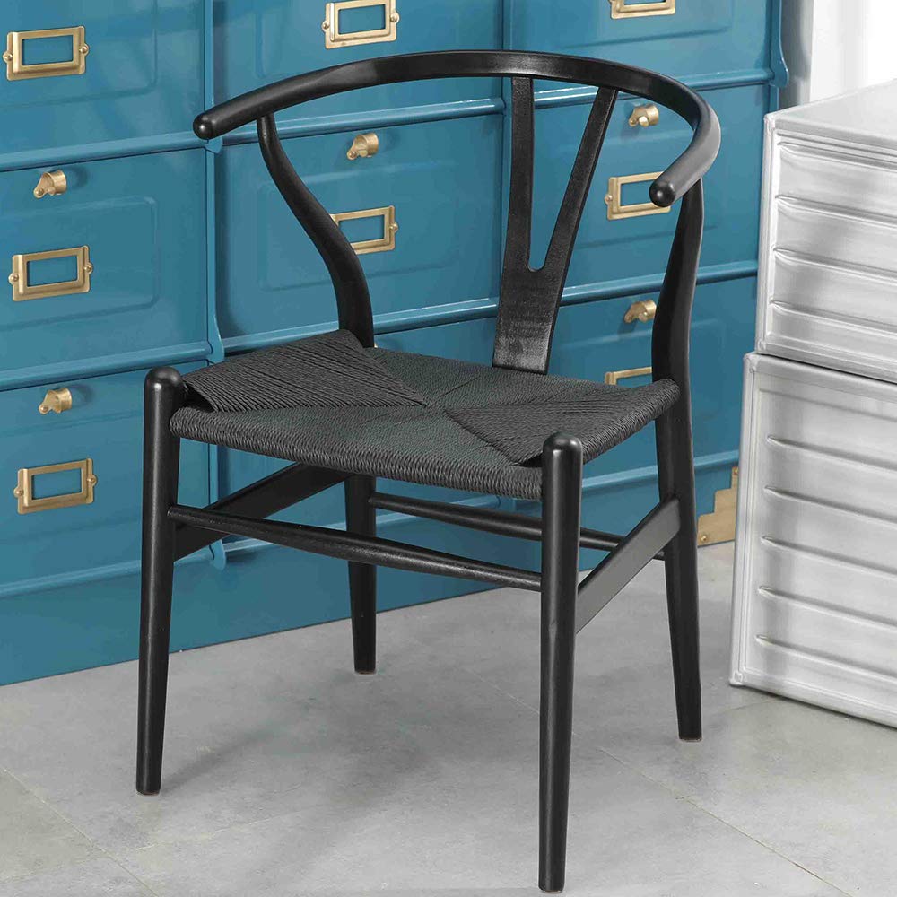 Wishbone Chair Set of 2 - Solid Ash Wood Armrest with Woven Seat - Modern Black Dining Chairs for Kitchen, Restaurant & Home Decor - Scandinavian Design Y-Back Chairs