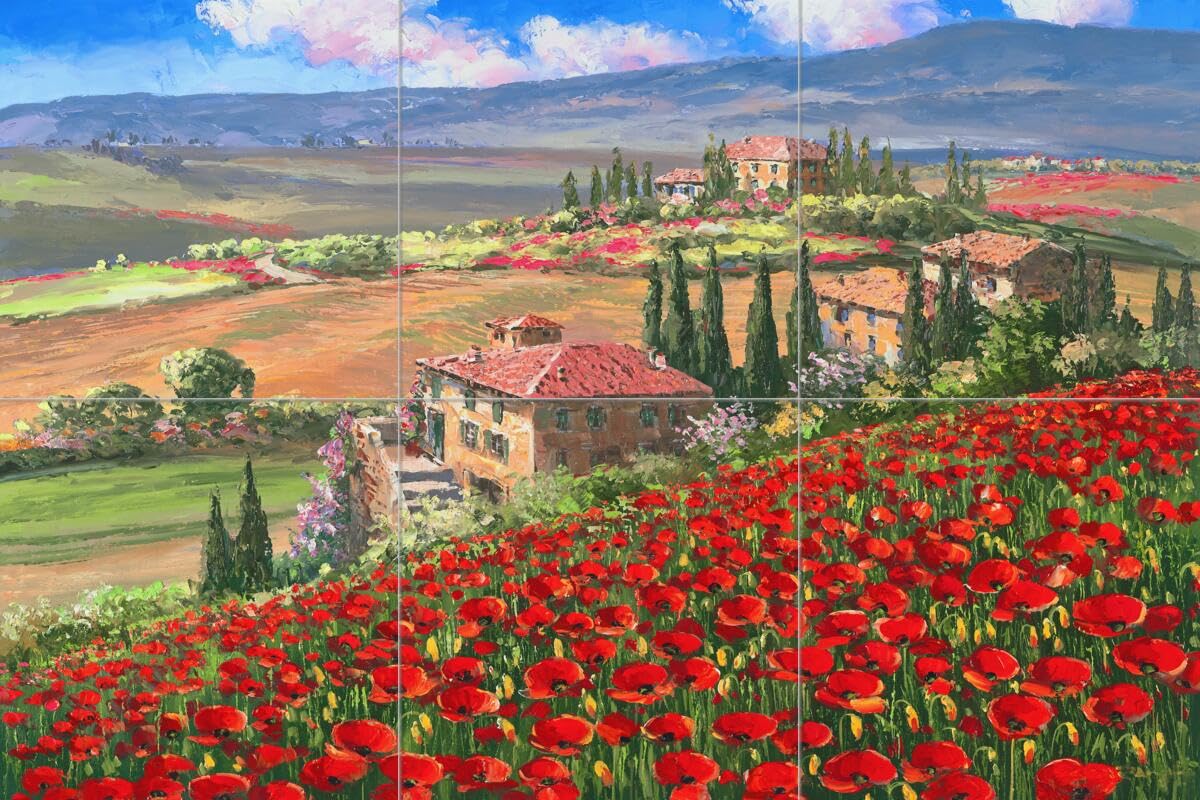 Tuscany Villa Ceramic Backsplash Tile Mural - Italian Garden Landscape Design for Kitchen, Bathroom & Shower - Sam Park/Soho Editions | Perfect for Farmhouse, Mediterranean & Vintage Home Decor