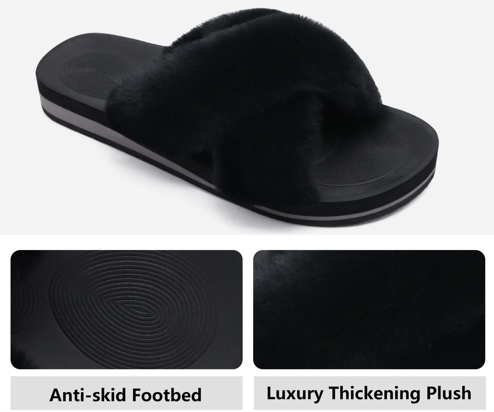 COFACE Women's Fuzzy Slides - Fluffy Faux Fur House Slippers with Arch Support, Open Toe Comfort Sandals for Indoor/Outdoor Wear - Perfect for Yoga, Lounging at Home, and Quick Outdoor Errands
