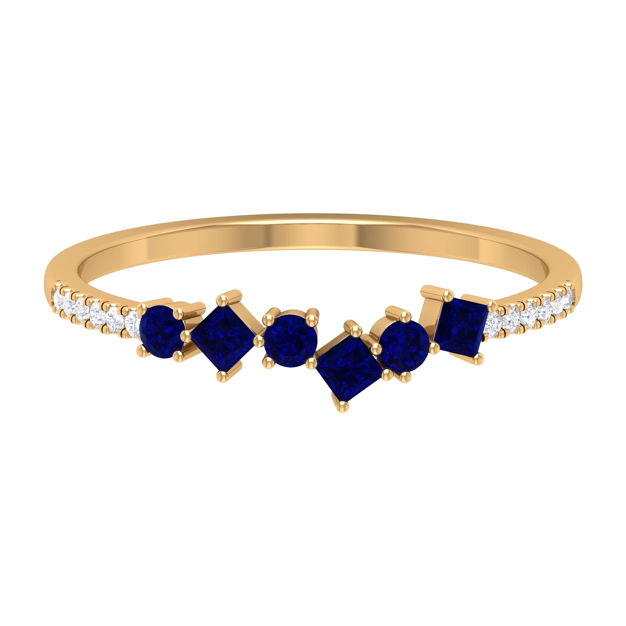 Exquisite Created Blue Sapphire & Moissanite Ring in 14K Solid Gold - Half Eternity Band, Minimalist Wedding Ring for Engagement, Anniversary & Special Occasions