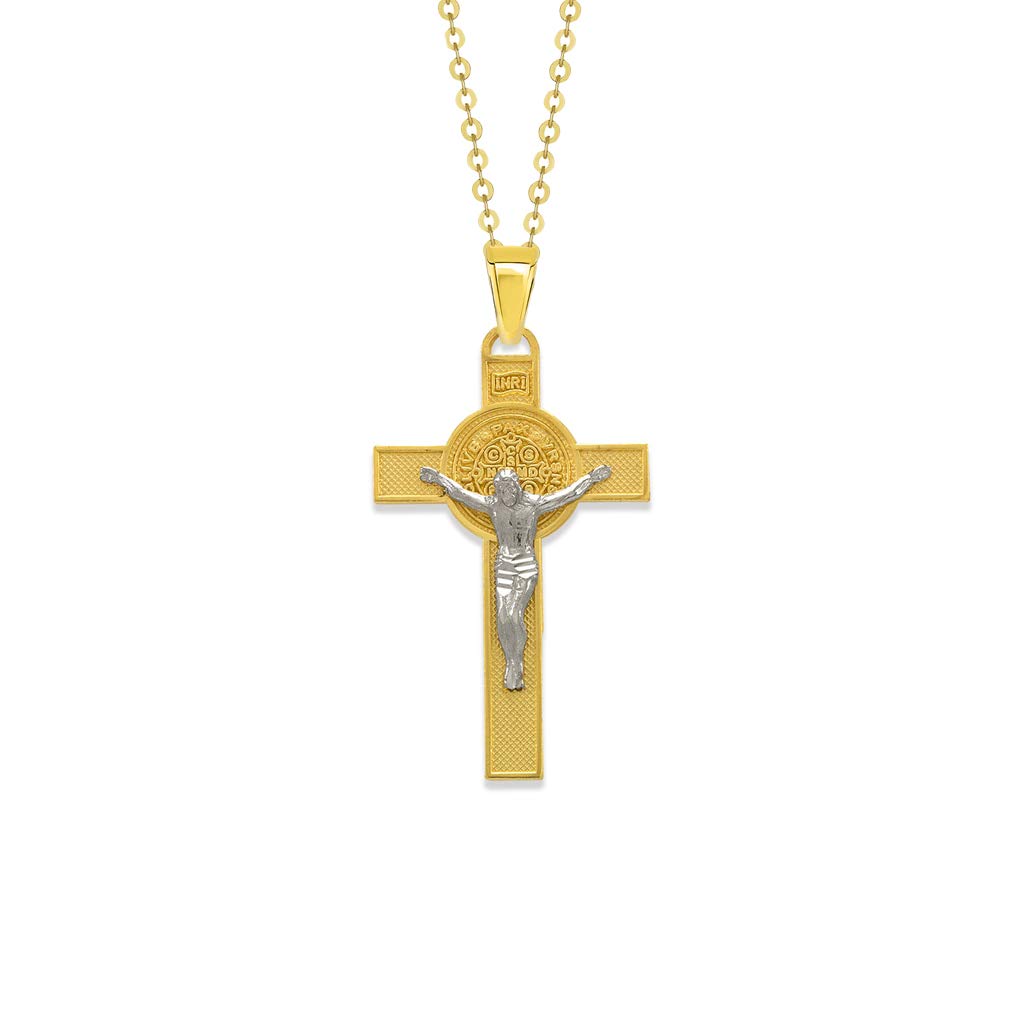 14K Gold San Benito Cross Pendant Necklace - Two-Sided Religious Scapular Charm in Yellow & White Gold - Elegant Unisex Jewelry Gift for Baptism, First Communion & Spiritual Protection