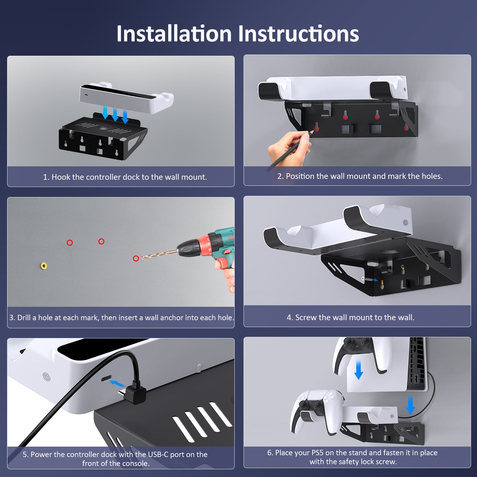 NexiGo PS5 Wall Mount Kit with Dual Controller Charging Station - Secure & Space-Saving Vertical Stand for PlayStation 5 - Perfect for Gaming Rooms & Small Spaces